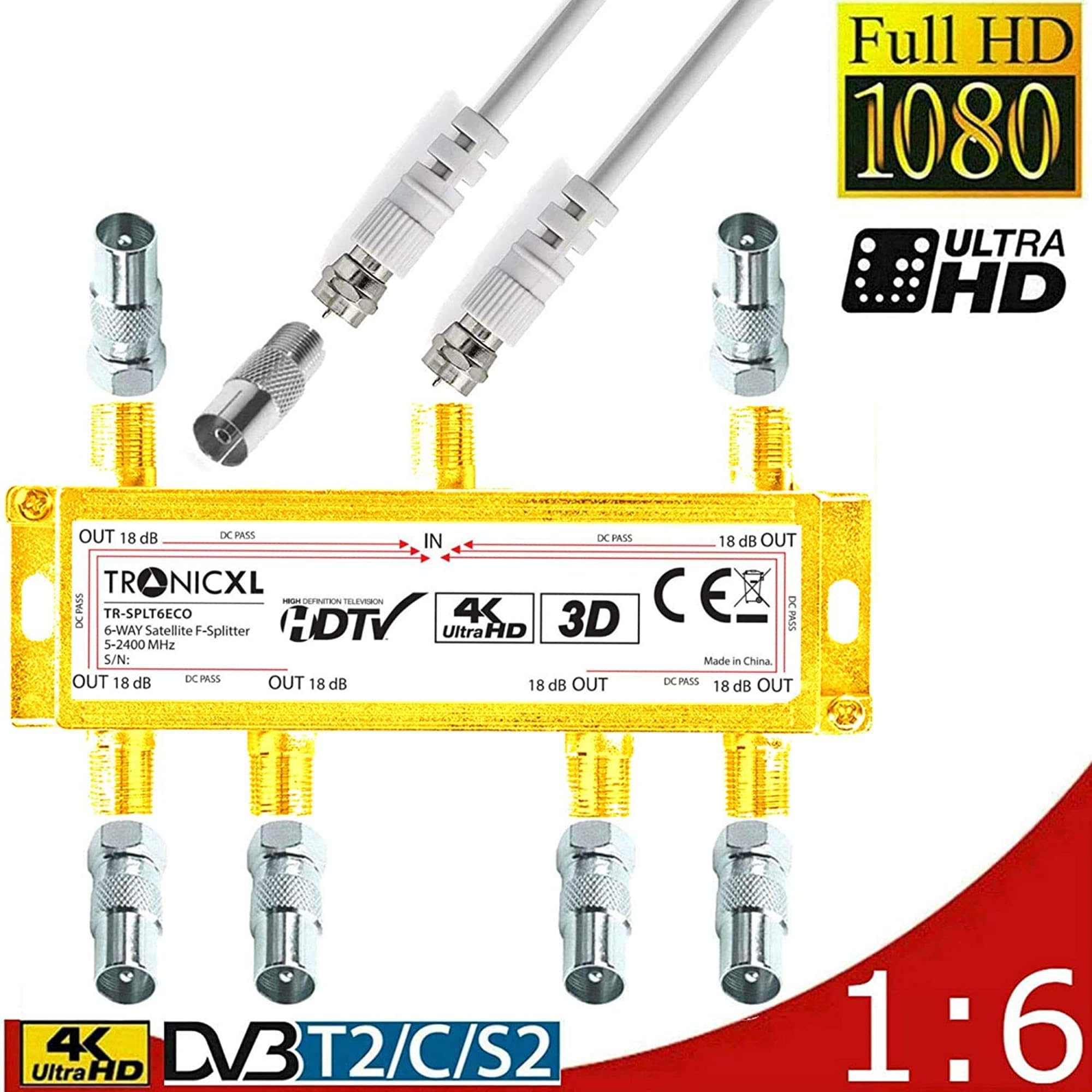 TronicXL Rozdzielacz antenowy 4K 6-krotny 3D HD kompatybilny z IEC rozdzielacz TV SAT rozdzielacz 6-krotny F-Stecvker + kabel + adapter koncentryczny do telewizji kablowej DVBC DVBT2 kompatybilny z