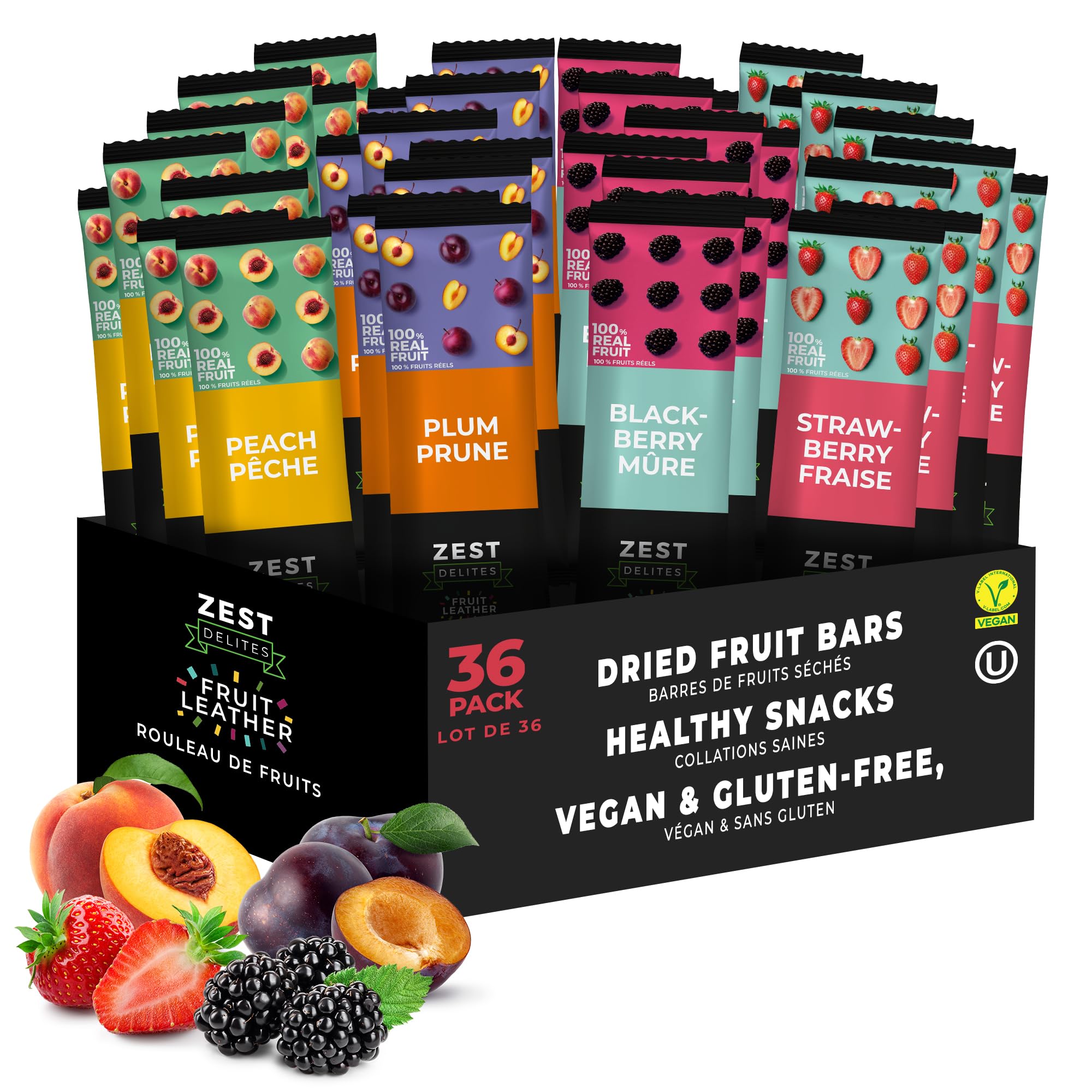 Healthy Snacks for Adults by Zest Delites, Fruit Leather, Lavashak, Strawberry, Blackberry, Peach, Plum, Dried Fruit Snacks, Gluten Free, Vegan, Individually Wrapped 36x25g