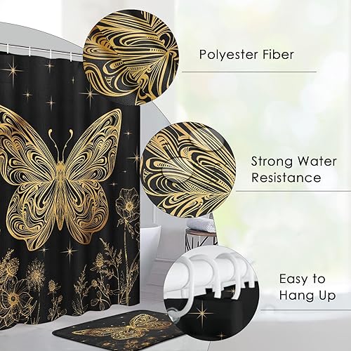 Miniatura 2 de Pamnest Juego de 4 cortinas de ducha, juego de baño impermeable con diseño de mariposa dorada con alfombras antideslizantes, cubierta para tapa de