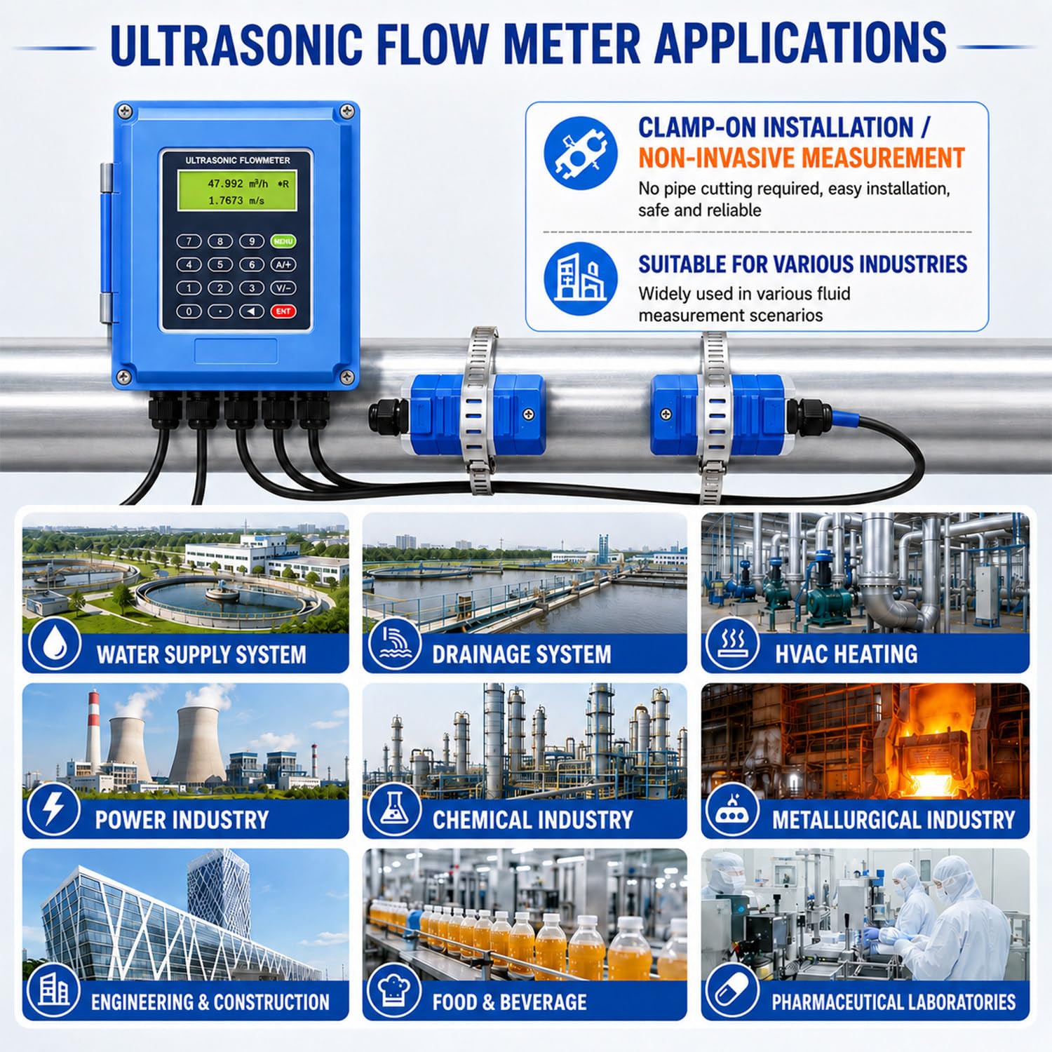 Medidor De Flujo Digital, Caudalímetro Líquido, Montaje De Pinza Externa, Medición Bidireccional, Precisión De Medición ±1%, Ciclo De Medición 2 Veces/S, para Agua, Agua De Mar TS