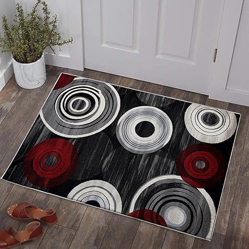 Miniatura 3 de Alfombra geométrica lavable moderna de 2 x 3 pulgadas, color rojo, negro y blanco, para sala de estar, dormitorio, círculo, geométrico, suave,
