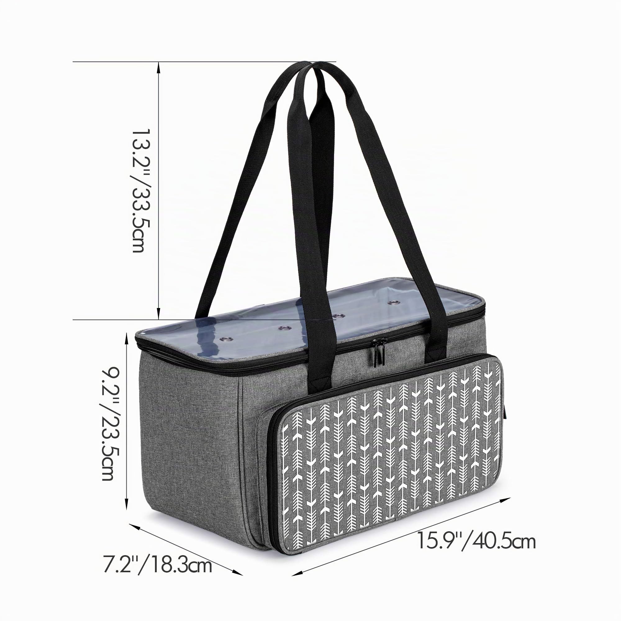 Yarwo Stricktasche für Wolle, Handarbeitstasche, Grau mit Pfeilmuster | Mit 2 Großen Fächern für Wolle, Transparenter Abdeckung, 4 Ösen und Frontfach mit Transparenten Taschen für Strickprojekte