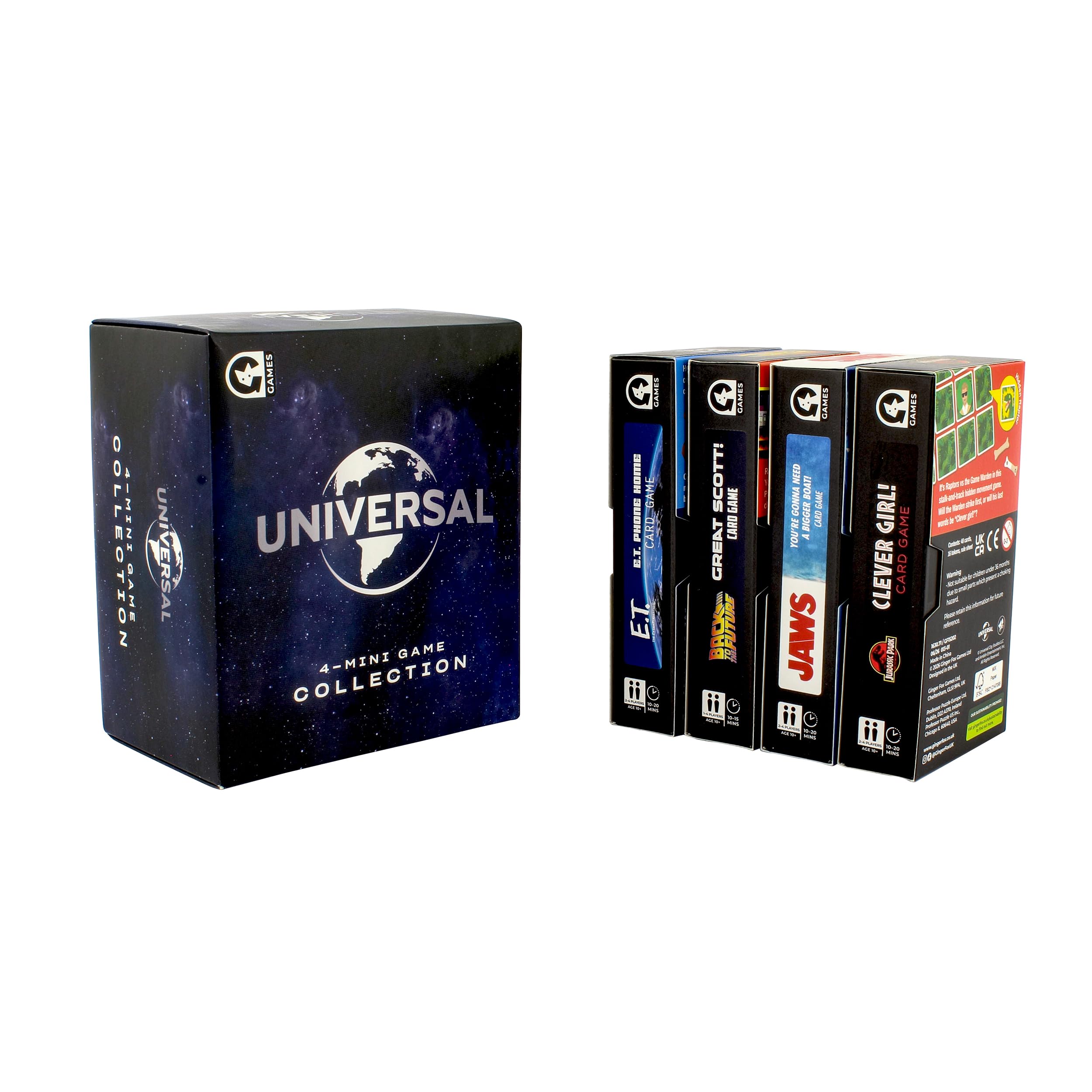 Ginger Fox Universal Mini Movie Games Box Set | Jaws, Back To The Future, E.T., and Jurassic Park | Fun Travel Size Family Games | Great For Parties