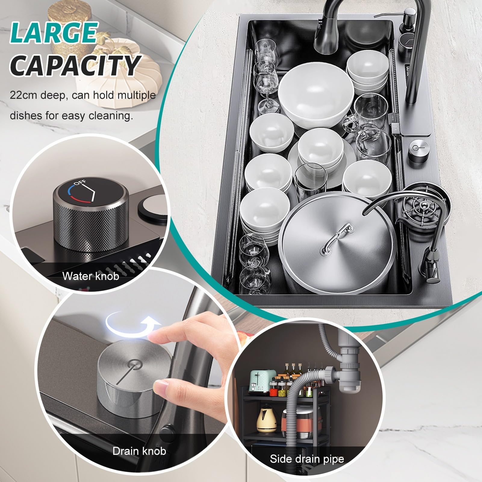 Lavello da Cucina di Grandi Dimensioni con postazione di Lavoro, lavello Multifunzionale per Bar con Rubinetto a Cascata, Kit lavabicchieri e scolapiatti, lavello a Vasca Singola i