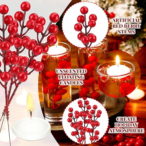 Miniatura 3 de Demissle 24 velas flotantes de Navidad de 1.5 pulgadas, tallos de bayas rojas, juego de acebo, velas flotantes sin goteo para centros de mesa, púas