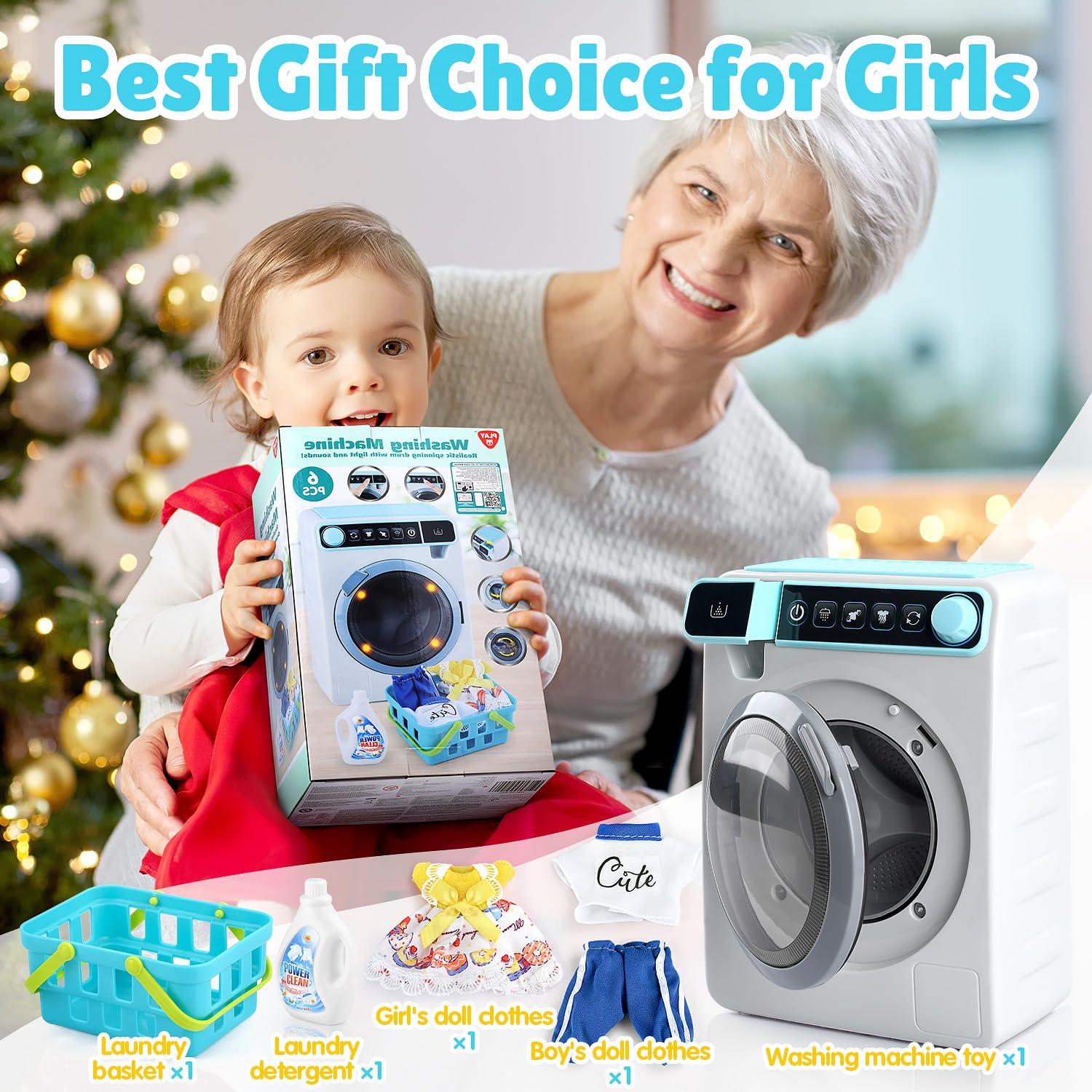 Lavadora de juguetes para niños, dispositivo de juego realista para niñas, muebles interactivos de casa de muñecas, juego de lavadora y secadora con tambor giratorio, efectos de luz y sonido, juego de 7