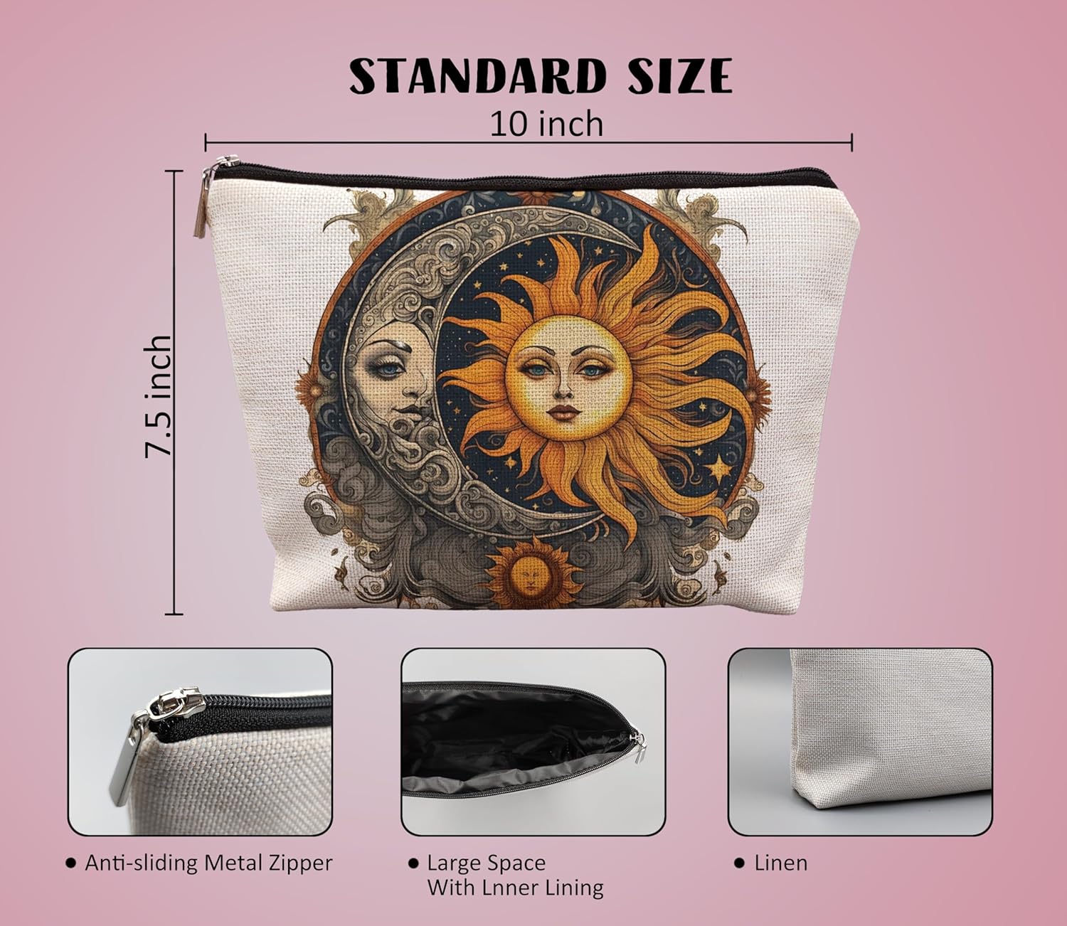 Boho Celestial Sun and Moon Makeup Pouch - Witchy, Aesthetic Cosmetic Bag for Women - Halloween Gifts - Image 5