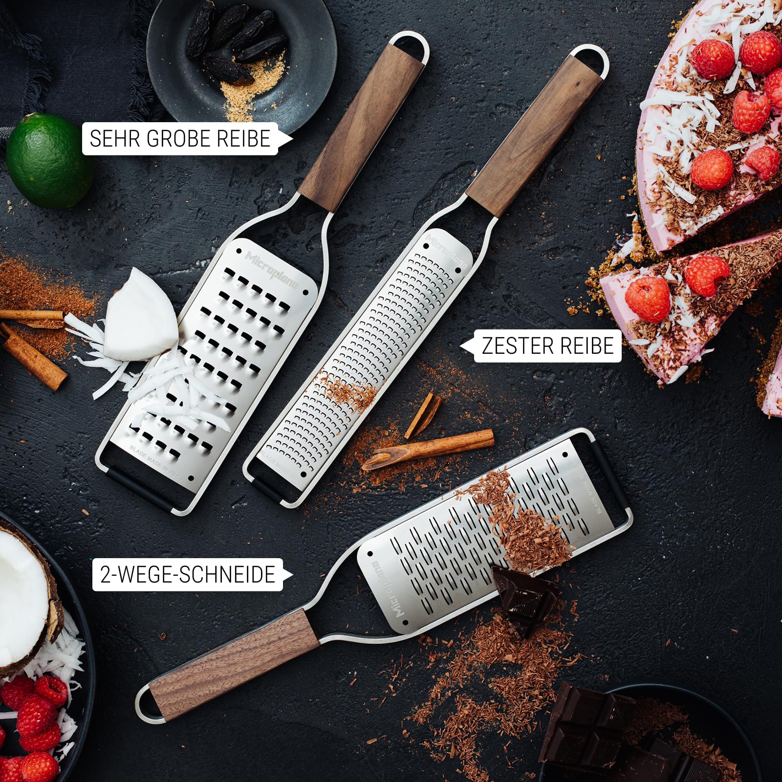 Microplane Master Series 3-częściowy zestaw tarek premium, wstążka i bardzo grube tarki, bardzo ostre ostrza ze stali nierdzewnej, uchwyty orzechowe, wyprodukowane w USA, profesjonalne narzędzia