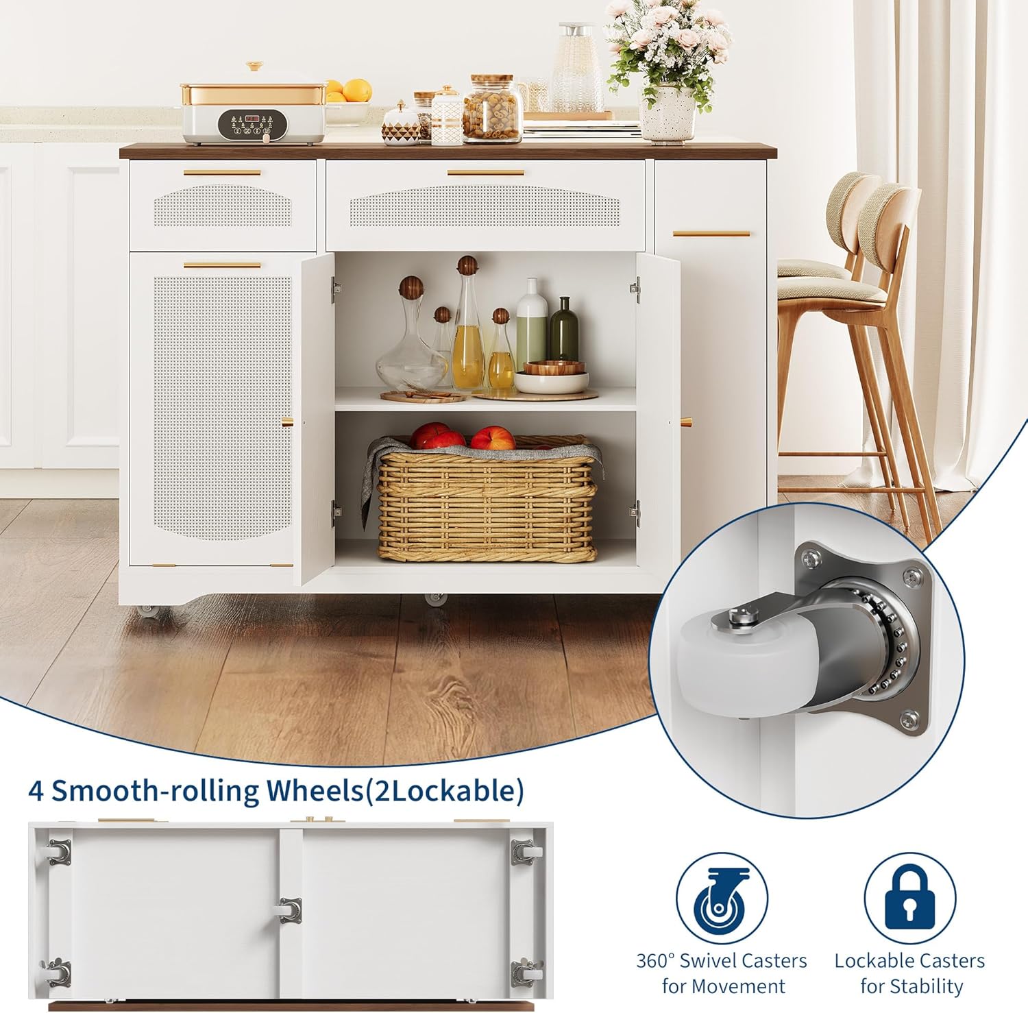 Garvee Rattan Rolling Kitchen Island Table on Wheels with Drop Leaf, Tilt Out Trash Can Cabinet with 2 Door, Storage Cabinet, 2 Drawer, Spice Rack, Kitchen Cart, 53.1" Wide, White