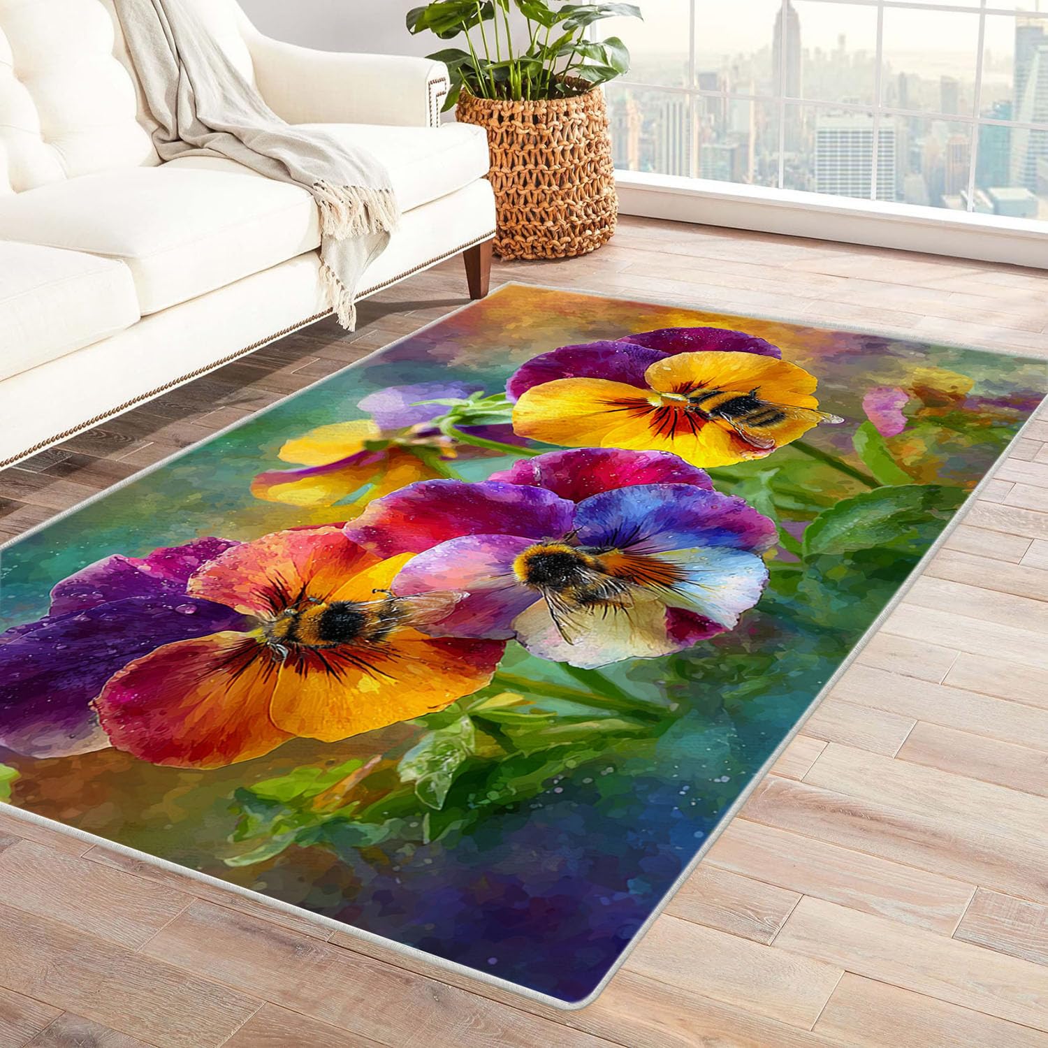 Nowoczesny dywan z geometrycznym wzorem, krótkie włosy kwiaty i pszczoły do salonu, biura, stolika kawowego, łóżka, balkonu (fioletowy-150x240cm