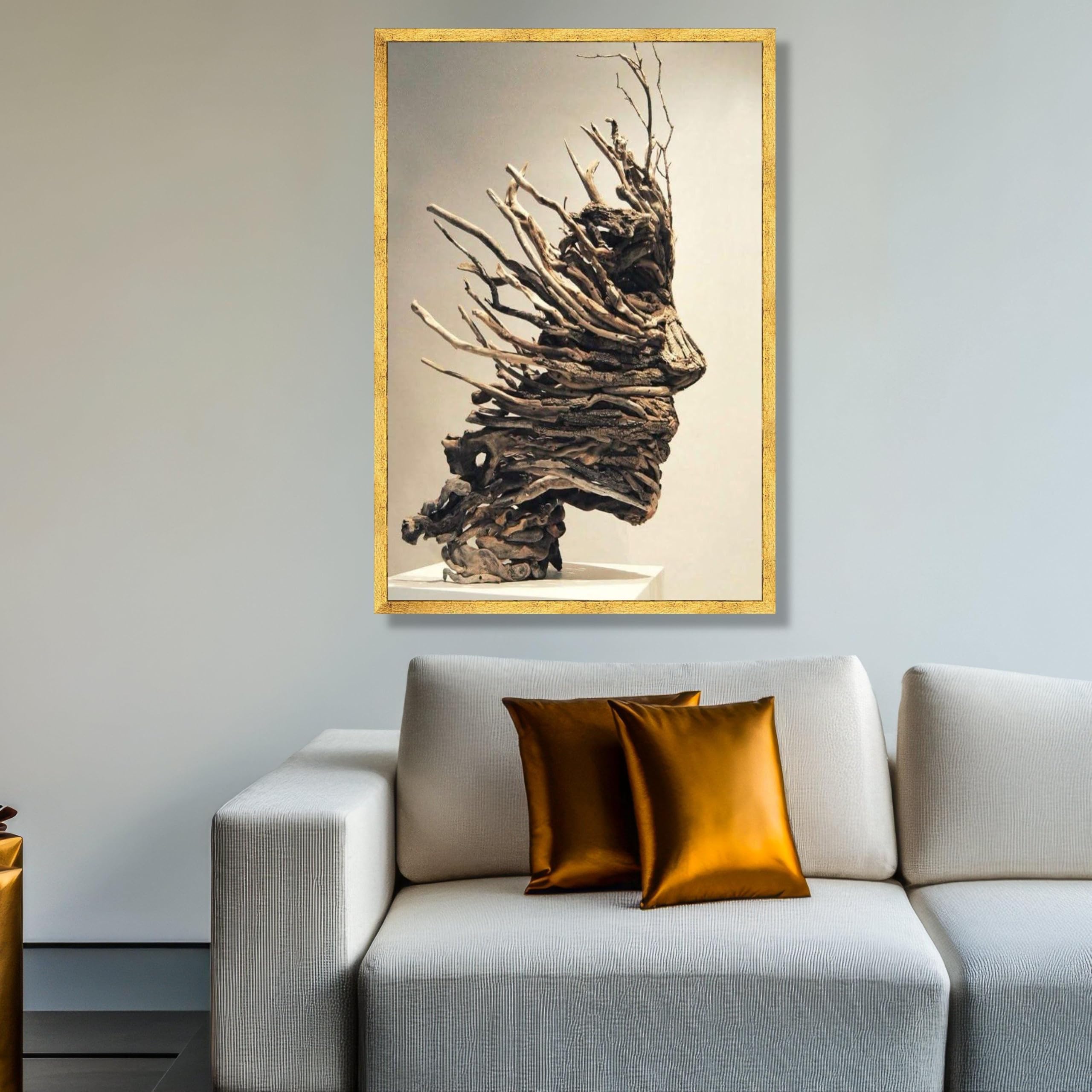 XINBAO Abstrakcyjne rzeźby z drewnianymi twarzami plakat z naturalnego drewna sztuka ścienna rustykalny wystrój domu malarstwo płótno wystawa artystyczna (70 x 100 cm/rama wewnętrzna)