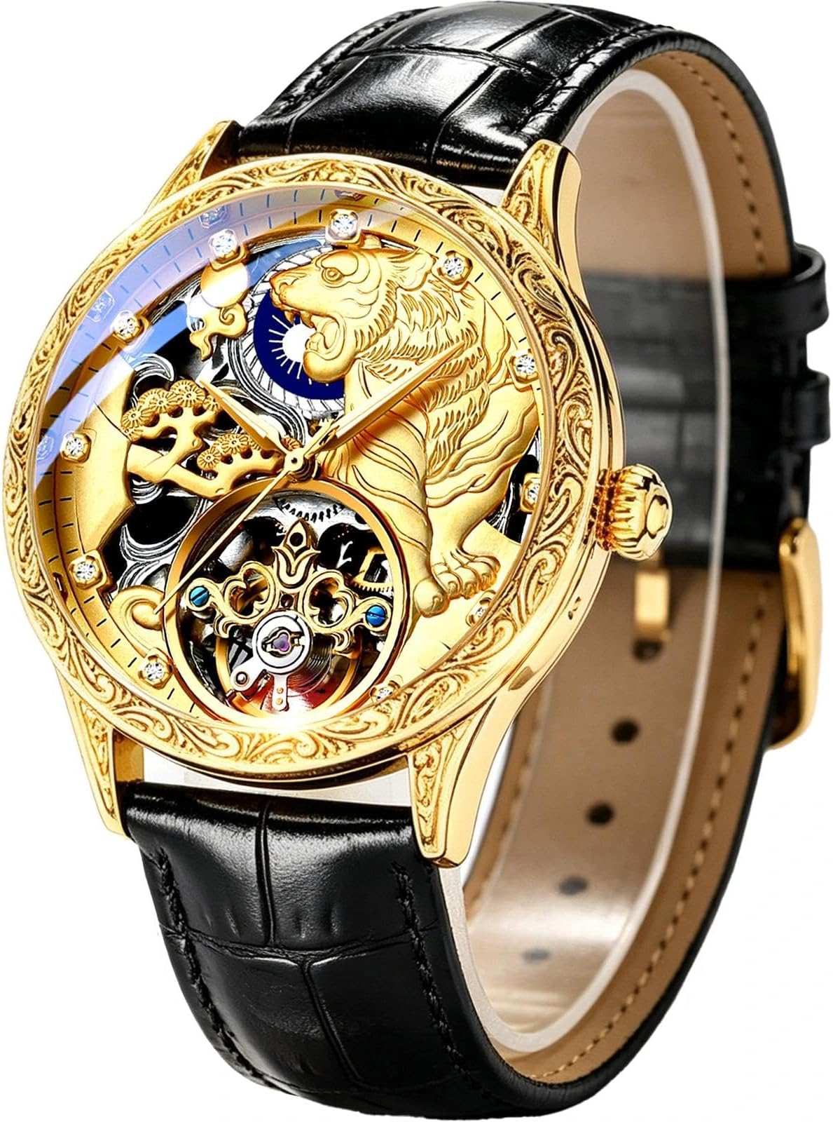 Men's Gold Luxury Tourbillon Watch Tiger Carved Moon Phase Self-winding Mechanical Automatic Watches Retro Tattoo Skeleton Large Dial Leather Belt Wristwatch