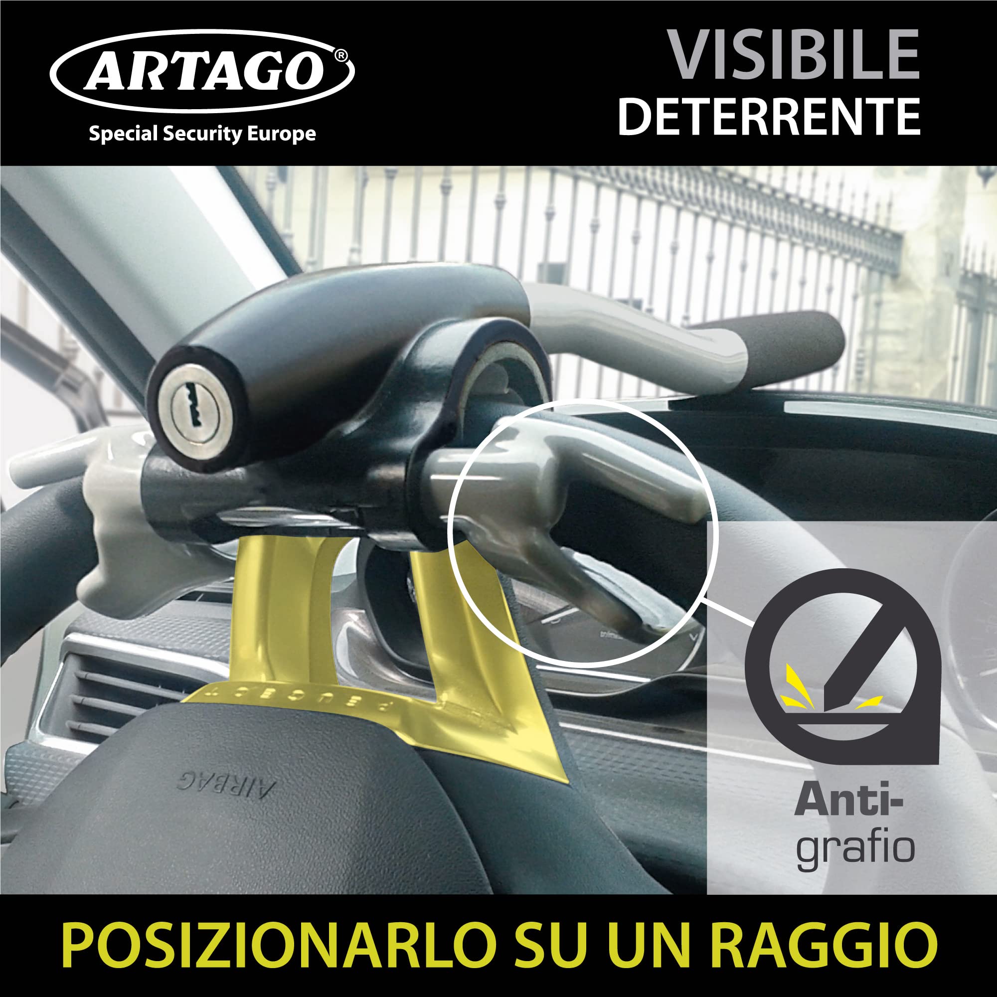 ARTAGO 869 Antifurto Auto Blocca Volante Rinforzato più Adattabile Bloccaggio Basculante