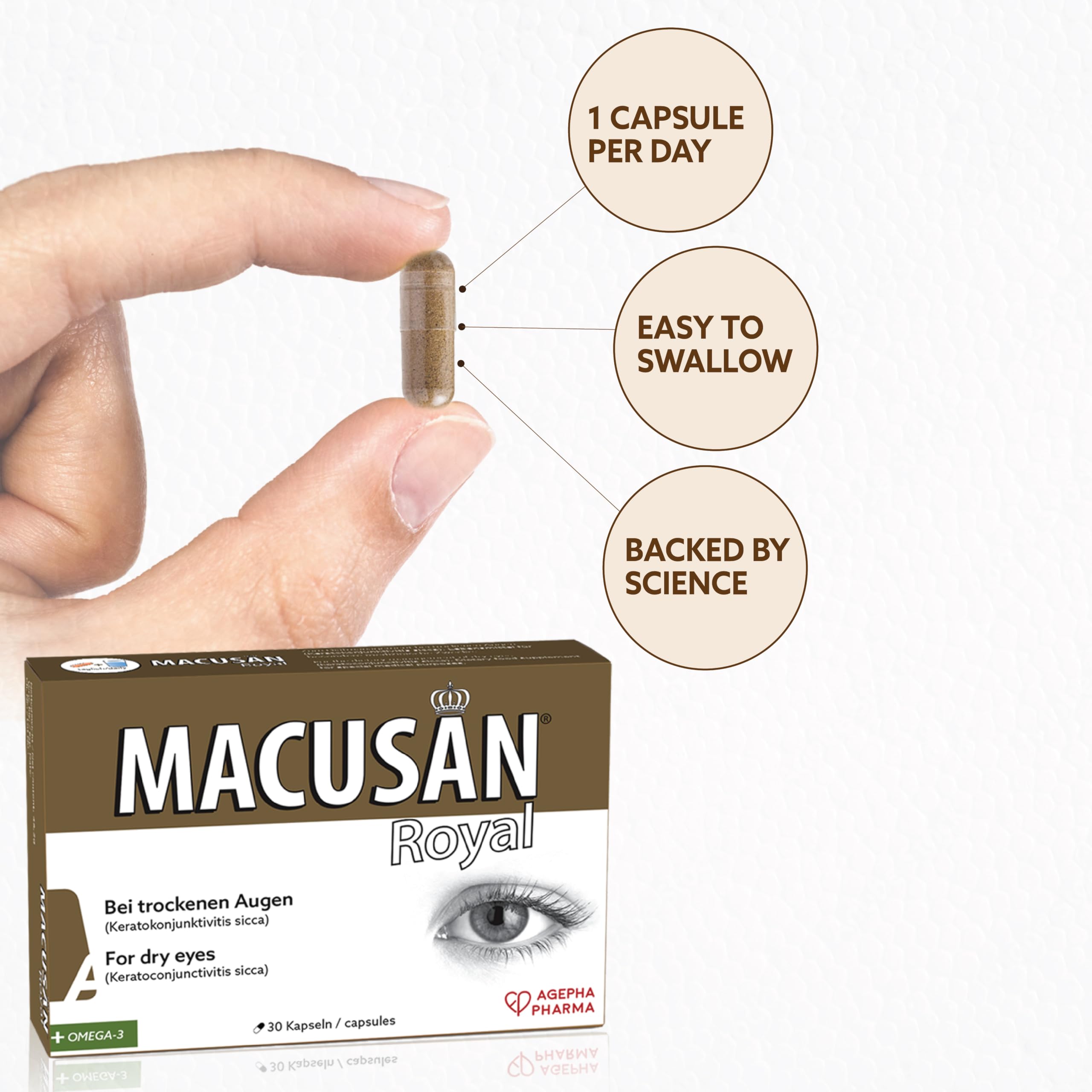 Macusan® Royal - Augenvitamine zur Behandlung bei trockenen Augen - Senkung des Risikos einer Altersbedingten Makuladegeneration (AMD) - Omega-3, Lutein und Zeaxanthin (30 Kapseln)