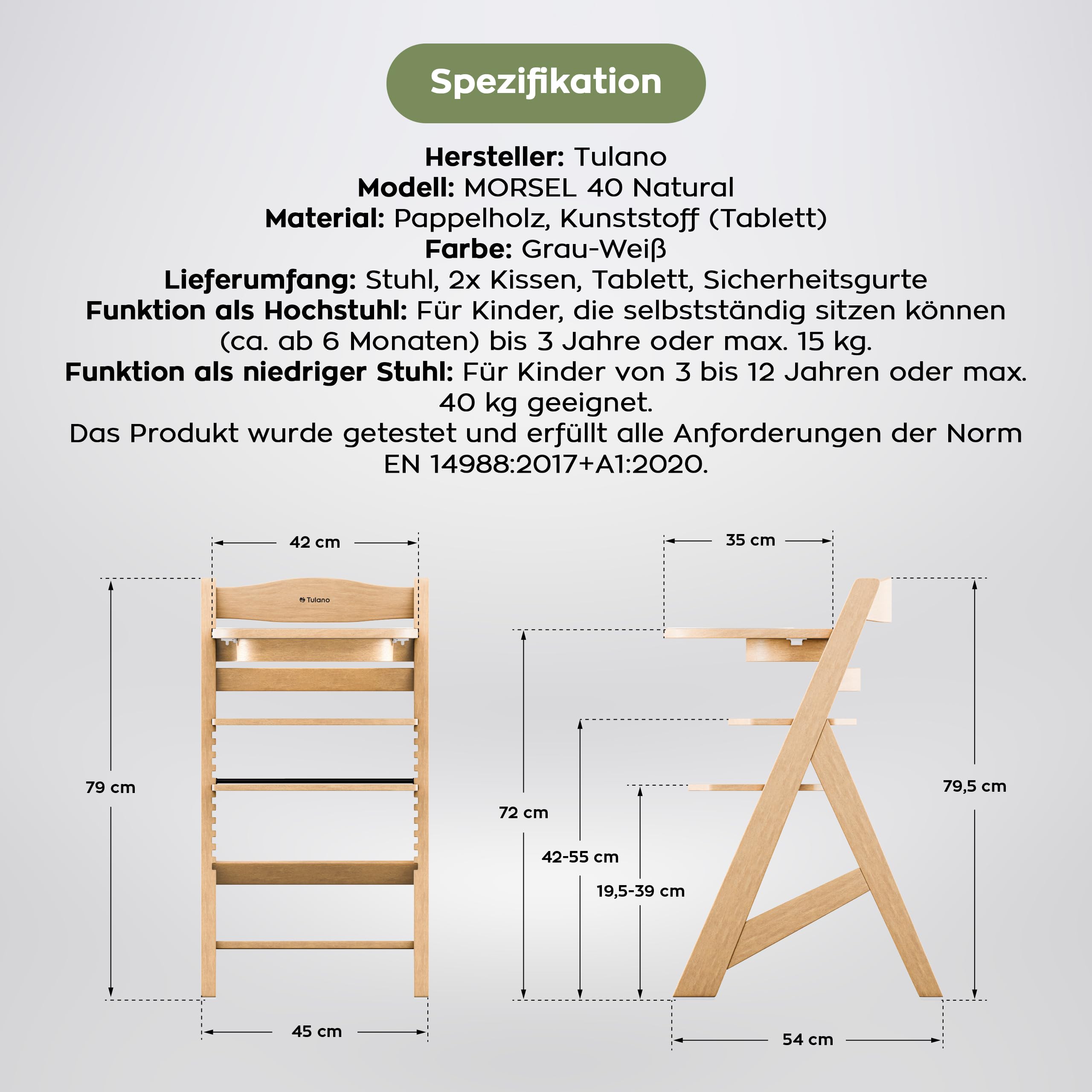 Tulano Morsel 40 Kinderhochstuhl Holz – Mitwachsender Hochstuhl Baby 4in1 – Hochstuhl mit Tisch – 11-fach Verstellbar – Für Kinder ab 6 Monate bis 12 Jahre – Belastbar bis 40 kg – Eiche Natur