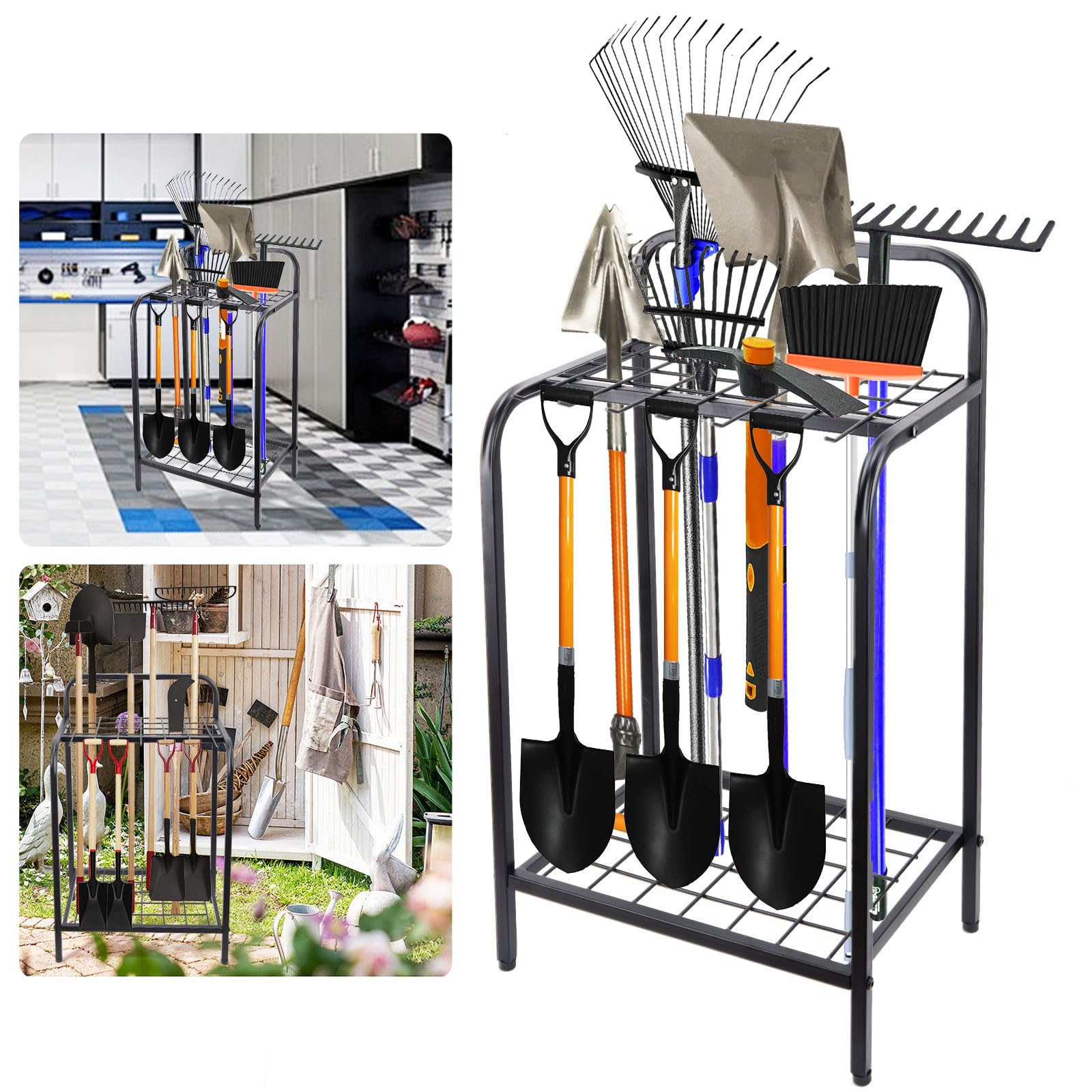 LIYYOO Alloy Steel Garden Tool Organizer with Hooks - Heavy Duty Yard Tool Storage Rack for Garage, Shed, Outdoor | Holds 39+ Shovels, Rakes, Brooms | Metal Garden Tool Rack with Easy Assembly