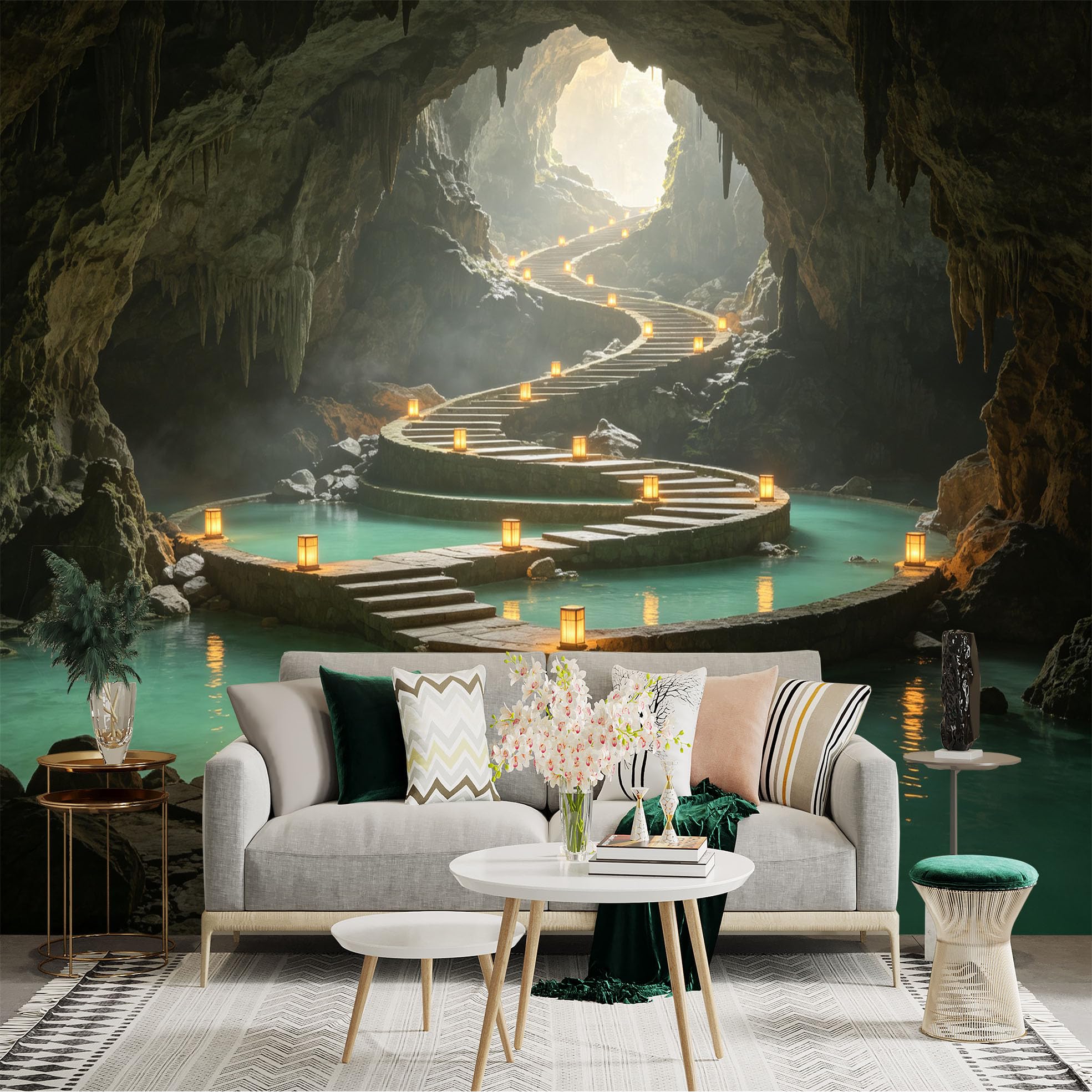 Custom Size Wall Sticker Mural， Mysterious Limestone Cave with Winding Stone Staircase， Glowing Lanterns and Underground Lagoon， for wall Decoration， peelandstick wall Decals.