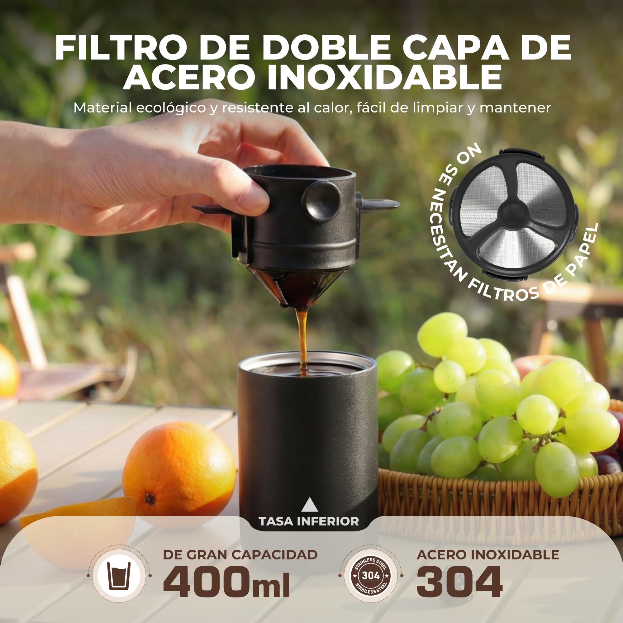 HAUSHOF Molinillo de Café Eléctrico Portátil Inalámbrico con Taza Térmica Doble 700ml, 5 Niveles de Molienda Ajustable, Cafetera Vertido Todo en Uno para Camping, Outdoor Viaje, RV y Oficina