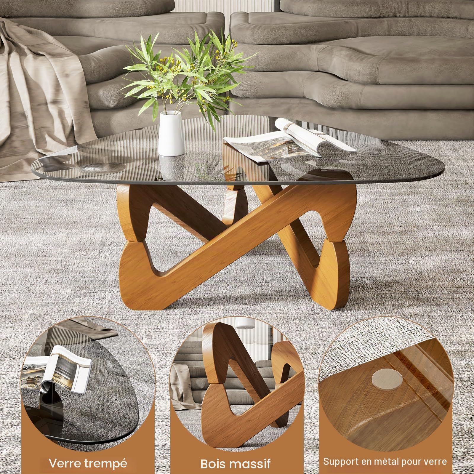 Table basse triangulaire en verre, table basse moderne avec base triangulaire en bois massif et verre trempé épaissi, table d'appoint, table basse inhabituelle pour salon bureau, 82 x 57 x 35 cm (gris