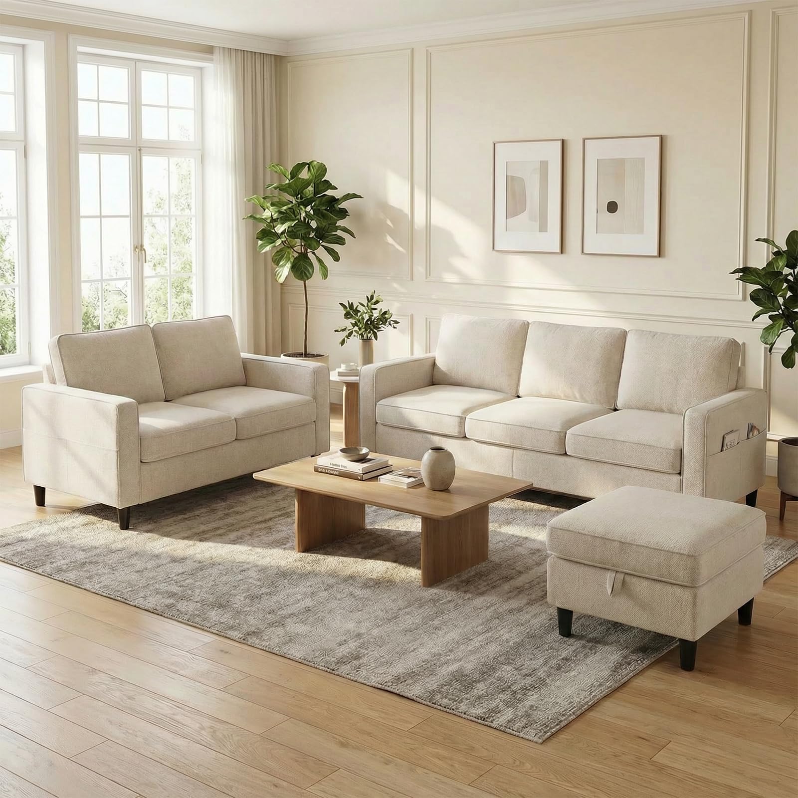 Mjkone 78" Width 3 Pieces Sofa Couches Set for Living Room Sets Furniture, Sectional L Shaped 3-Seater Small Sofas Couch and Loveseat Set with Storage Ottoman and Side Pockets for Home Office, Beige