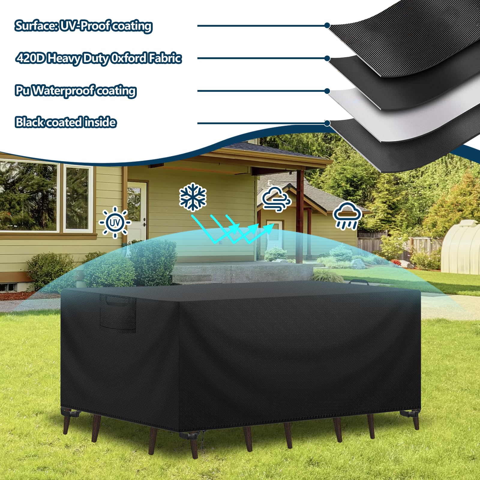 AUWUUA Housses Salon De Jardin Exterieur Imperméable 265x95x70cm/LxWxH 420D Oxford Bache De Protection Salon De Patio, Rectangulaire Couverture De Protection Meubles Pour Table Chaise, Noir