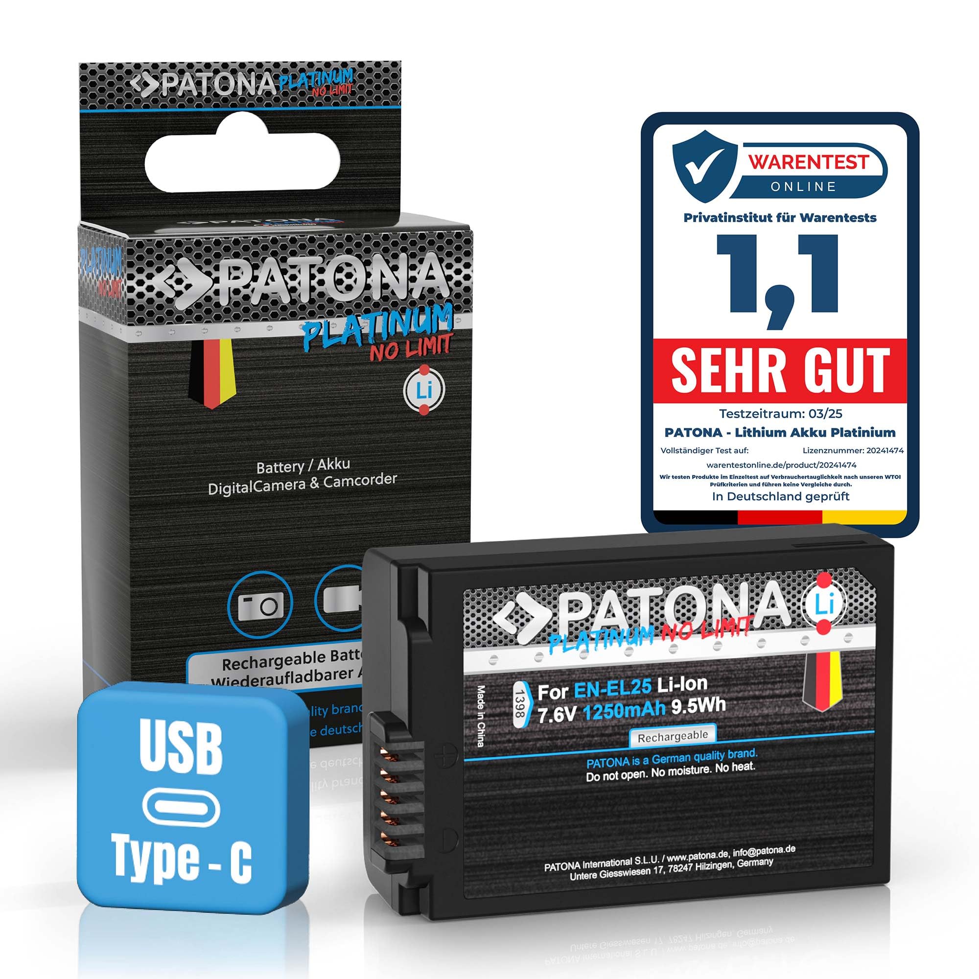 PATONA USB-C Platinum Batteria per Nikon EN-EL25, EN-EL25a 1250mAh | Batteria per Z30 Z50 II Z50II Z FC ZFC, 100% identica all'originale, con protezione da sovraccarica e cortocircuito