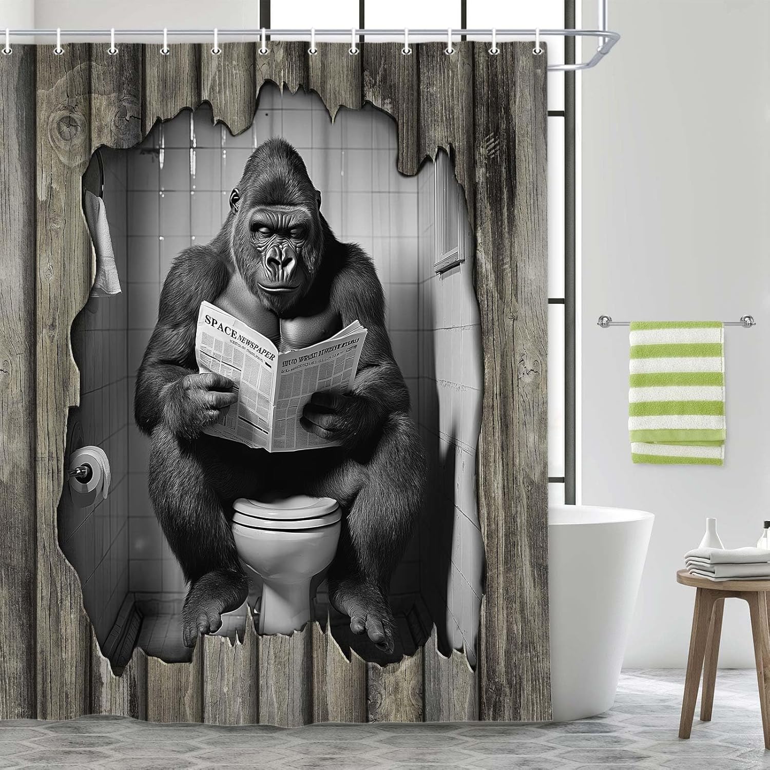 Funny Monkey Shower Curtain, Rustic Wooden Animal Cute Cat Reading Newspaper on Toilet Bath Curtains Set, Humor Western West Farmhouse Fabric Bathroom Polyester Curtains with Hooks 70X84in
