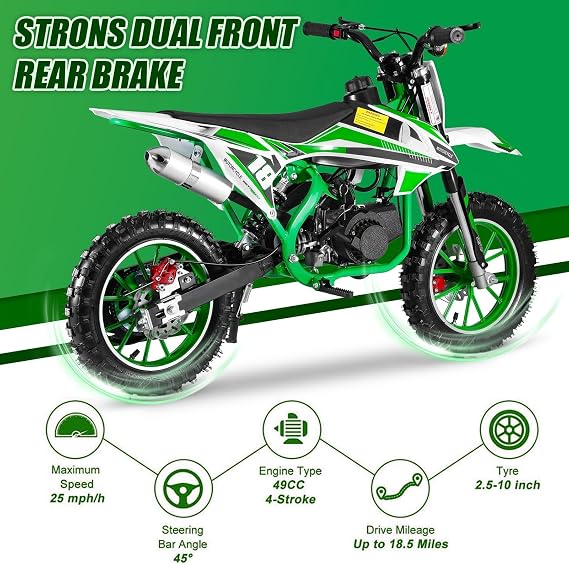 YOXIER 50cc Dirt Bike, 2-Stroke Kid Dirt Bike, Dirt Bikes for Kids 8-14, Off Road Gas Power Mini Pocket Motorcycle with Front Rear Disc Brakes, Mini Dirt Scooter Bike with Max Speed 25 MPH Green 1