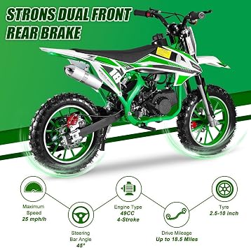 YOXIER 50cc Dirt Bike, 2-Stroke Kid Dirt Bike, Dirt Bikes for Kids 8-14, Off Road Gas Power Mini Pocket Motorcycle with Front Rear Disc Brakes, Mini Dirt Scooter Bike with Max Speed 25 MPH Green 1