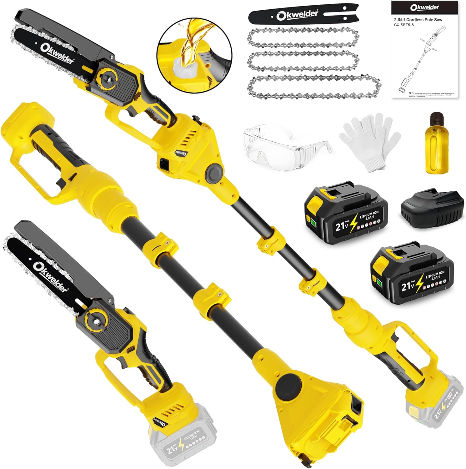 Cordless Pole Saw 8 Inch, 2-in-1 Electric Pole Saws Mini Chainsaw with 2x 3.0Ah Battery Pole Saws for Tree Trimming, Battery Powered Pole Chain Saw for Tree Branches Wood Cutting