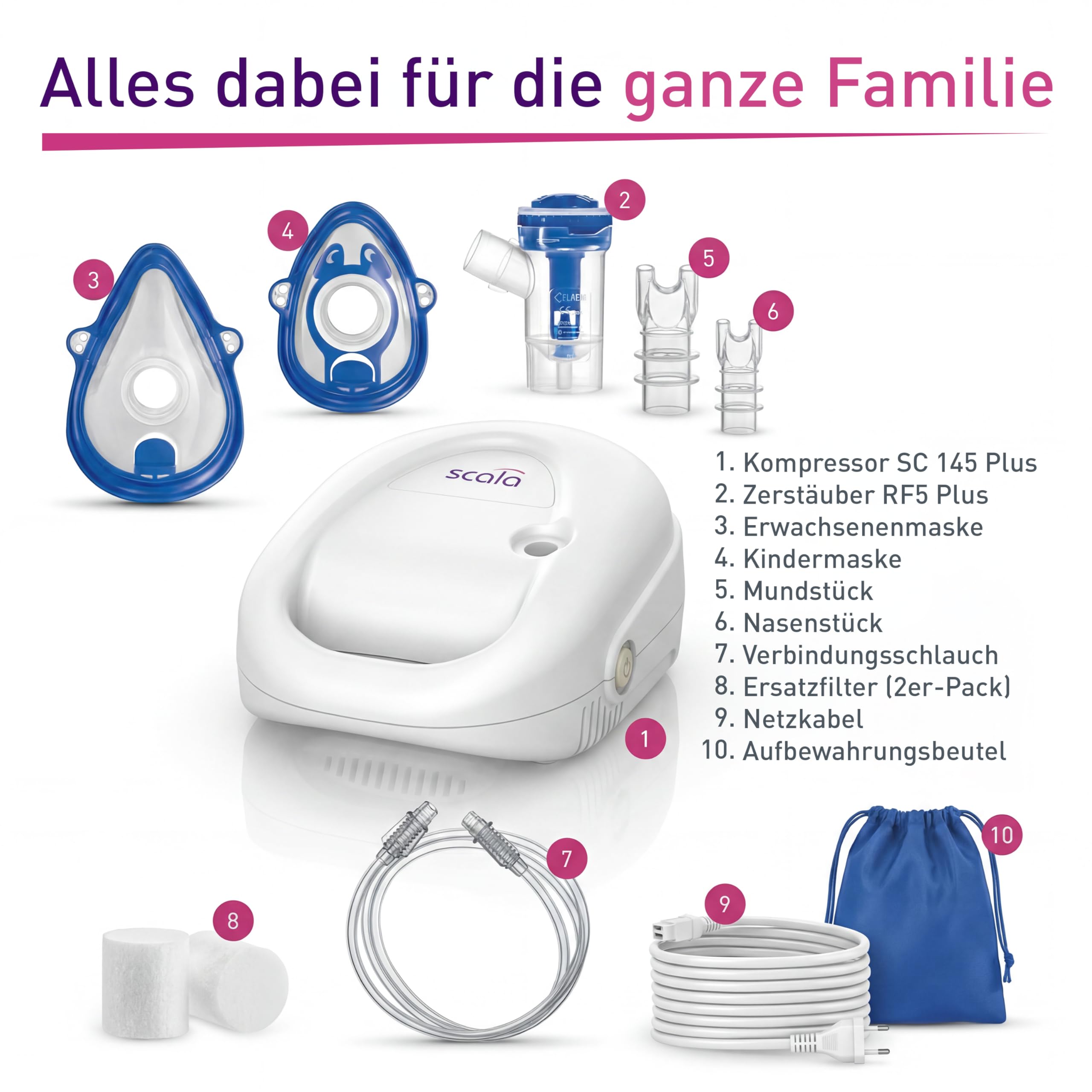 scala SC 145 Plus inhalador con compresor para adultos y niños, nebulizador para vías respiratorias superiores e inferiores
