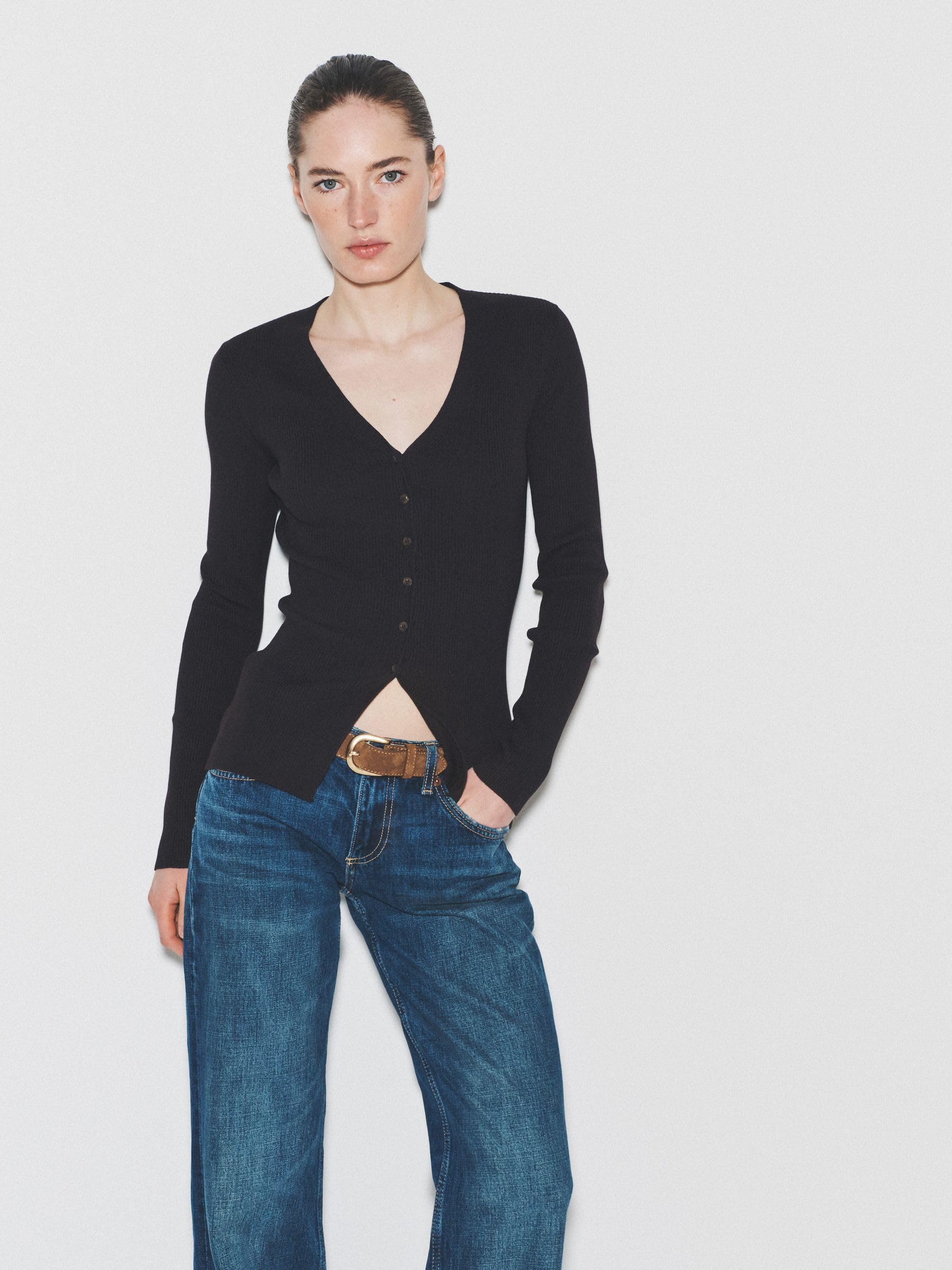 THE SET Donne Confezione da 3 Cardigan Eleganti in Maglia con Taglio Lungo, Scollo a V e Bottoni Alti in Vita