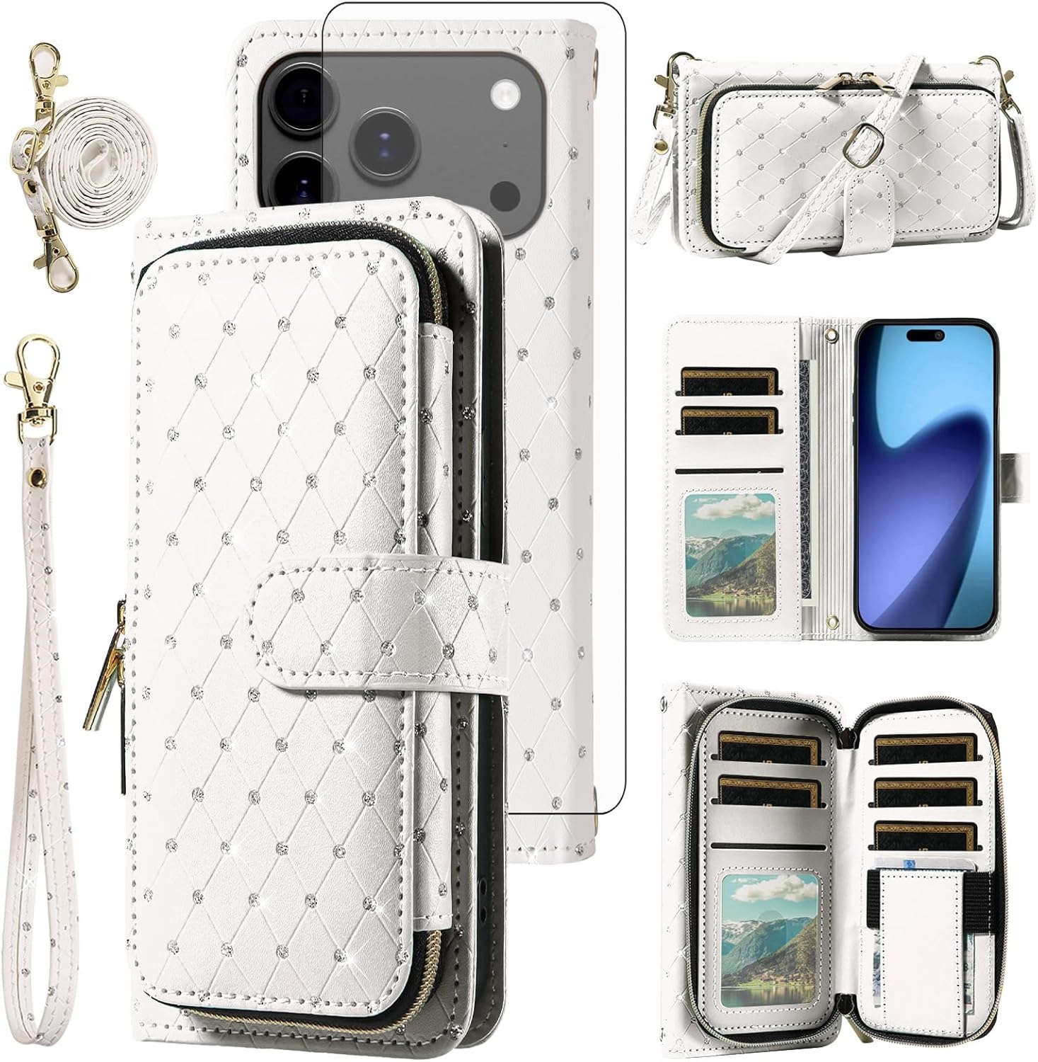 Asuwish Phone Cover for iPhone 17 Pro Max 6.9 inch Wallet Case Cell Zipper with Screen Protector Crossbody Lanyard Strap Bling Glitter Flip Slot i Phone17 17Pro i17 ProMax 17ProMax Women Girls White