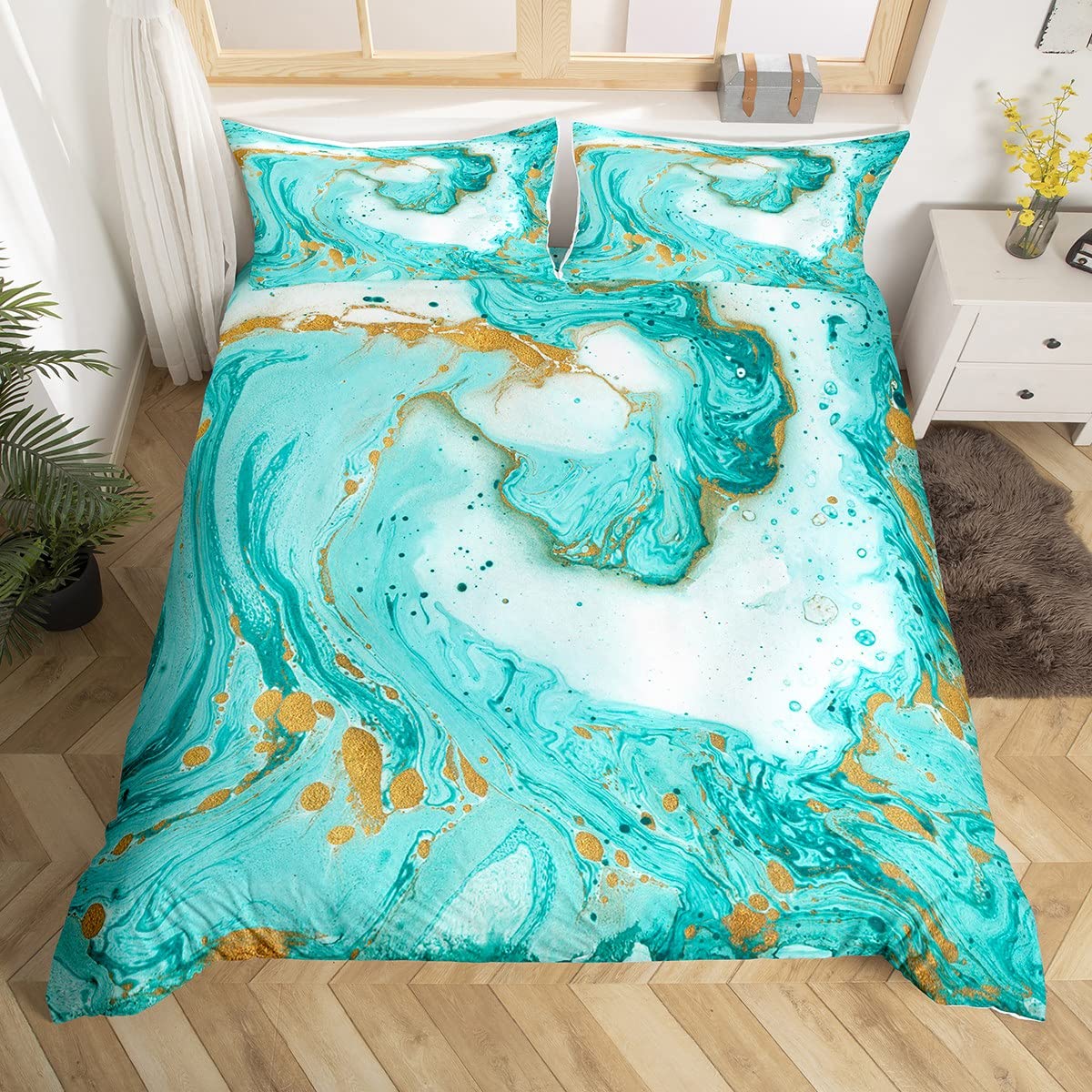 Turquoise Marble Duvet Cover Set Super King Size, Golden Stains Bedding Set 3pcs for Kids Boy Girls Room Decor, Abstract Stone Texture Comforter Cover Soft Polyester Quilt Cover with 2 Pillowcases — image 1