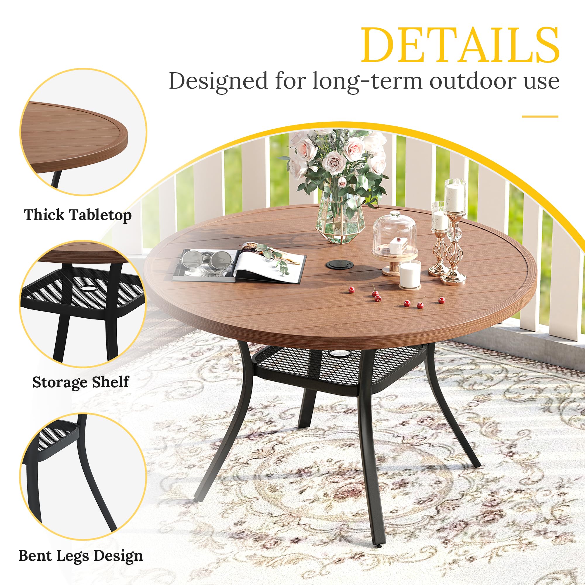 VICLLAX Round Patio Table with Adjustable Umbrella Hole, All Weather Outdoor Round Dining Table for Lawn Garden, 41.2