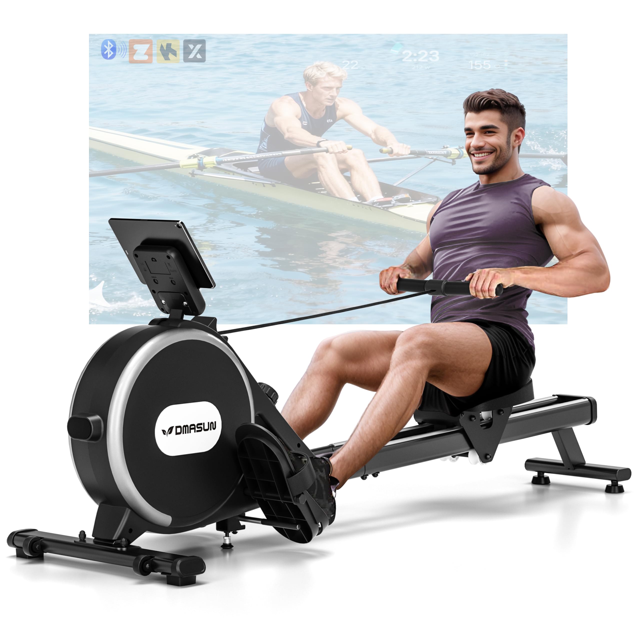 Rowing Machine, DMASUN Upgrade Magnetic Rowing Machines for Home Gym with 16 Levels Quiet Resistance - 350LB Capacity Rower Machine with App Compatible & Comfortable Seat, Double Slide Rail