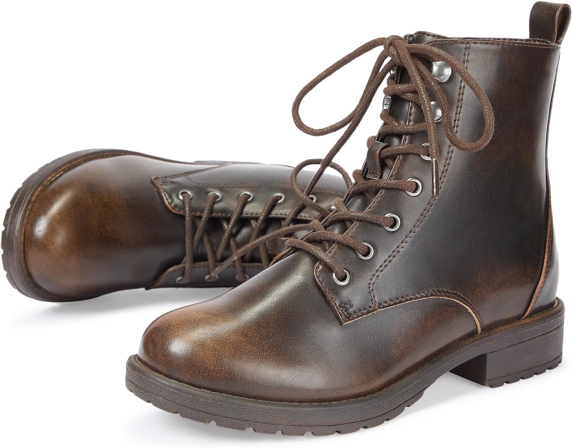 Women's Ankle Combat Boots Lace Up Booties with Side Zipper Low Heel Fashion Combat Booties for Fall Winter Casual Wear