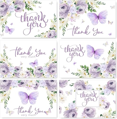 AnyDesign - Tarjetas de agradecimiento florales de mariposa, paquete de 36 tarjetas de notas moradas con calcomanías de sello a juego, sobres