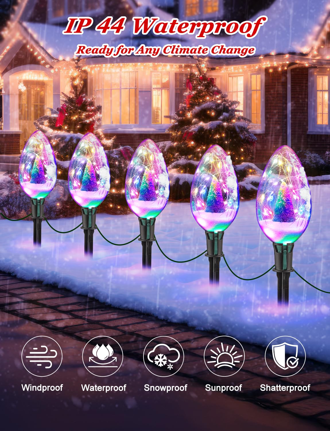 Brightever 2-Pack Jumbo C70 Christmas Pathway Lights Outdoor, 16FT