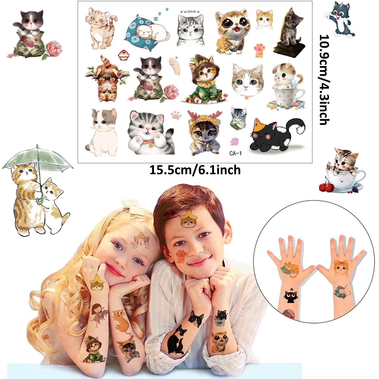 Tatuaggi Temporanei Gatti Cartoon - 20 Fogli Impermeabili Per Bambini, Regalo Divertente - Foto 10
