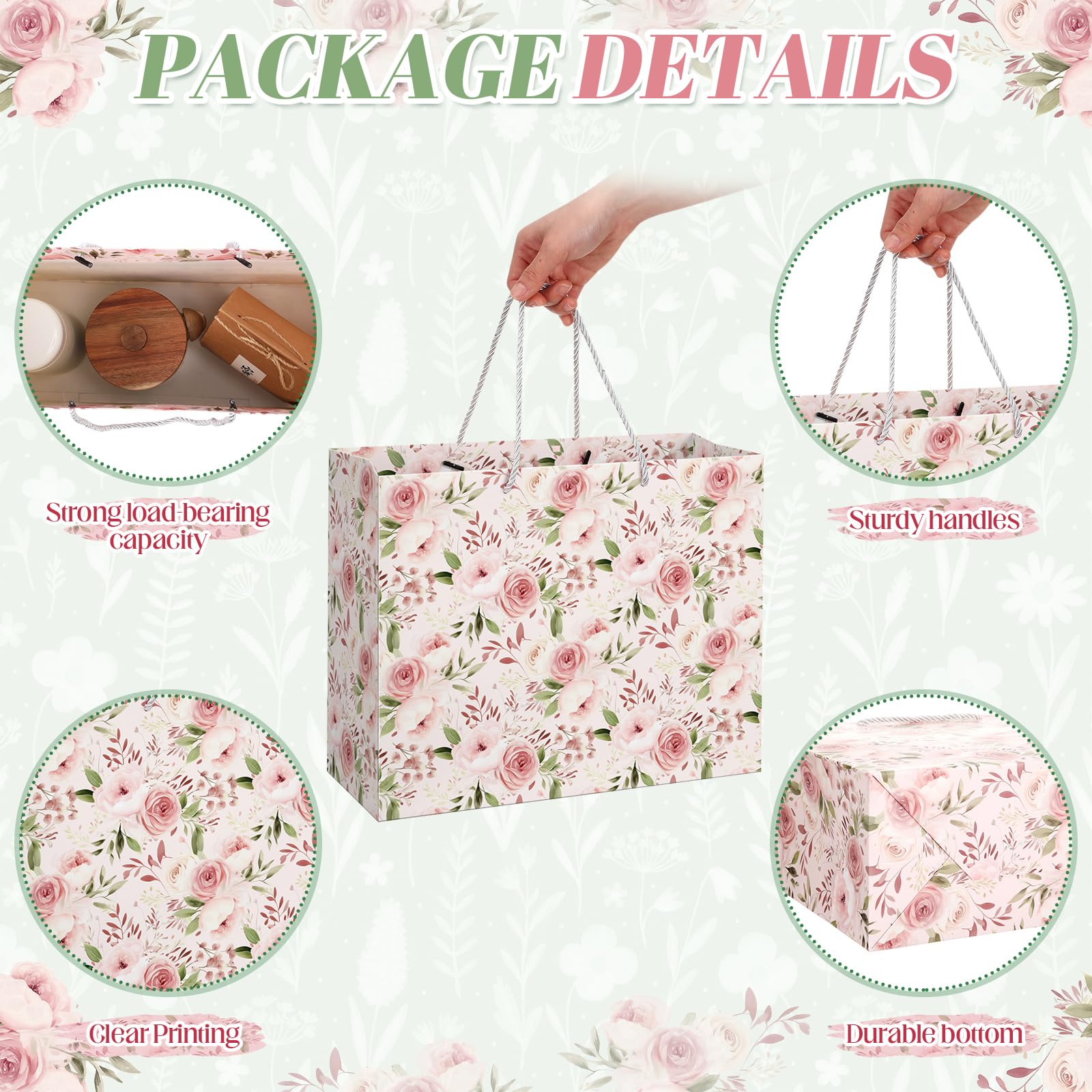 Silkfly 2 Pack Large Floral Gift Bags with Tissue Paper Ribbon Card & Envelope 13'' Flower Gift Bags for Woman Wedding Bridal Shower Baby Shower Birthday Spring Tea Party Flower Girl