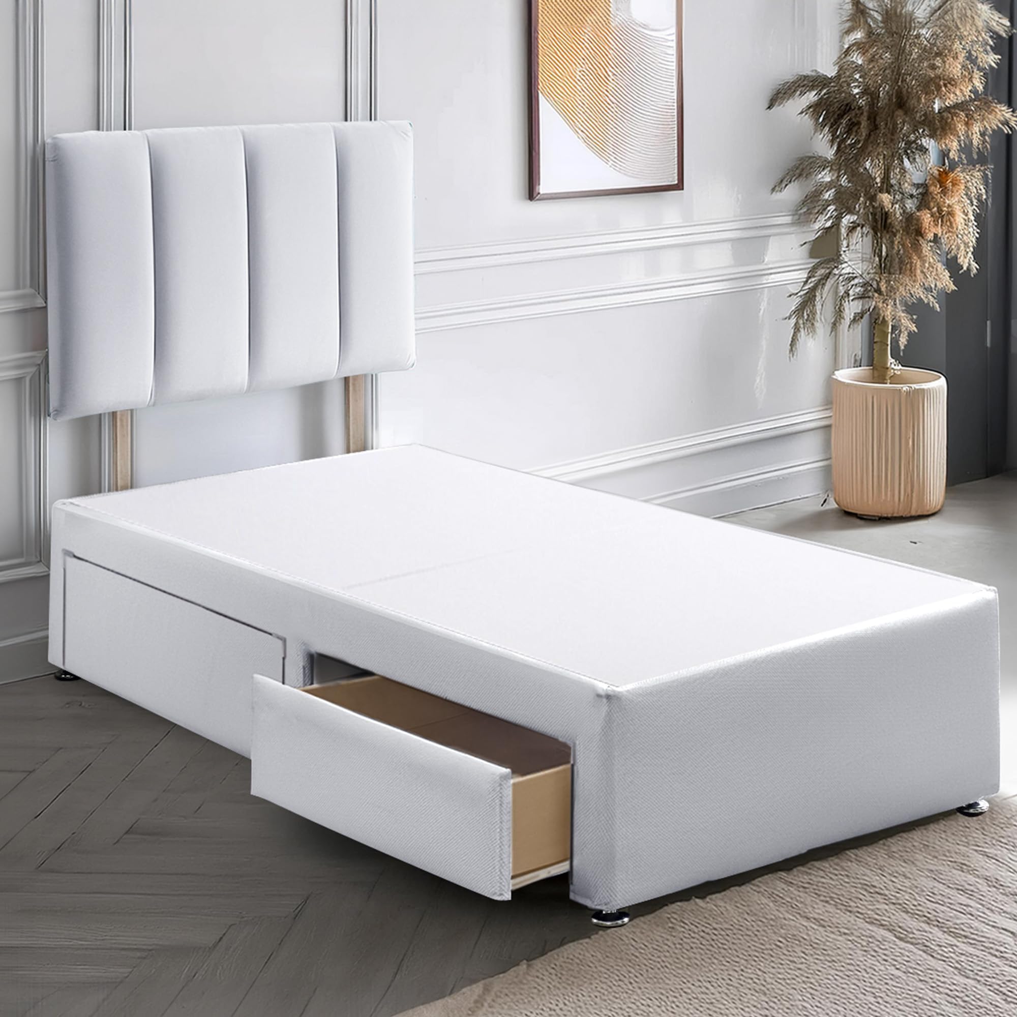 ComfoRest Single Bed with 2 Drawers – 3FT – (White Plush) – Durable Base for Modern Bedrooms – Practical Option for Small Spaces – No Mattress Included