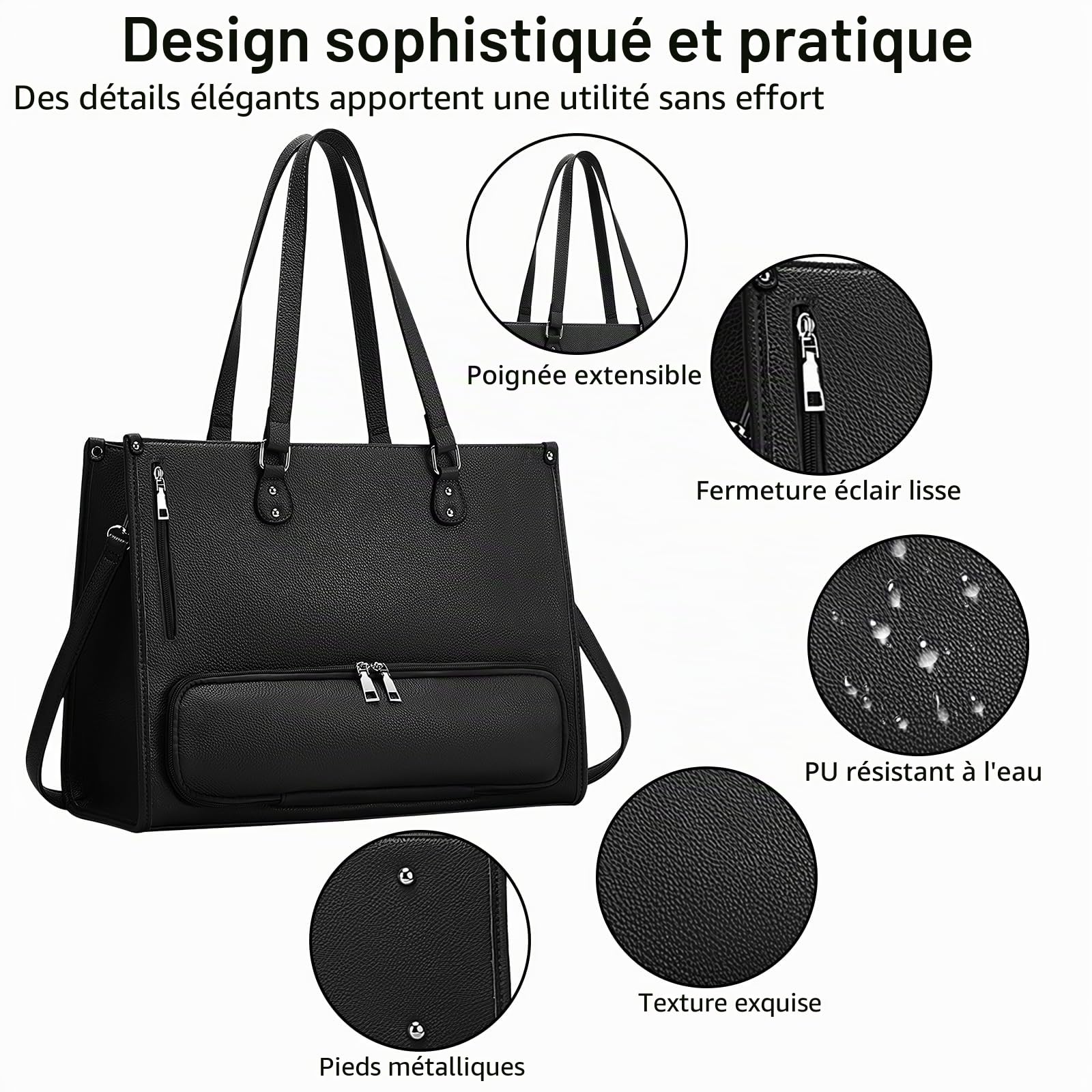 Sac Ordinateur Femme, Sac a Main Ordinateur 15,6 Pouces, Sacs Travail Femme, Sac a Main pour Les Cours Lycee, Lunch Bag Cuir PU avec Compartiment à Déjeuner Isotherme et Etanche pour Université Voyage