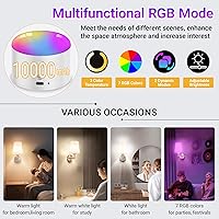 Vista 4 de Juego de 2 apliques de pared a pilas, 10000 mAh, luces de pared inalámbricas recargables con control remoto, 10 RGB regulables, decoración de pared