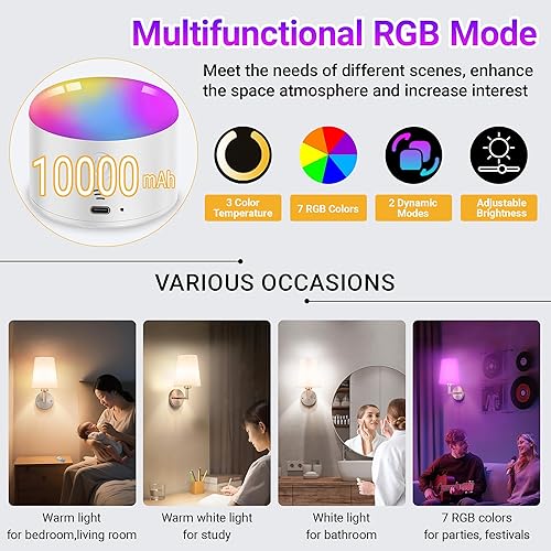 Miniatura 4 de Juego de 2 apliques de pared a pilas, 10000 mAh, luces de pared inalámbricas recargables con control remoto, 10 RGB regulables, decoración de pared