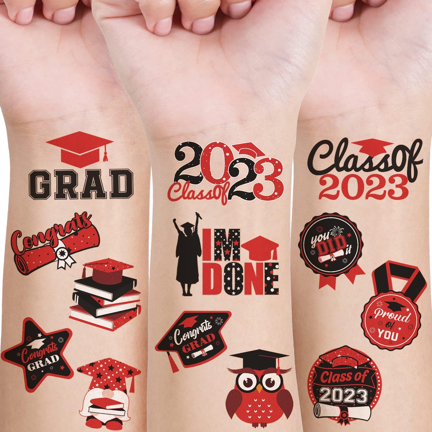 24 PCS Graduation Class of 2023 Temporary Tattoos Red Grad Congrats Theme Tattoo Stickers for 2023 Graduation High School College Students Gift Body Decorations Graduation Party Favors