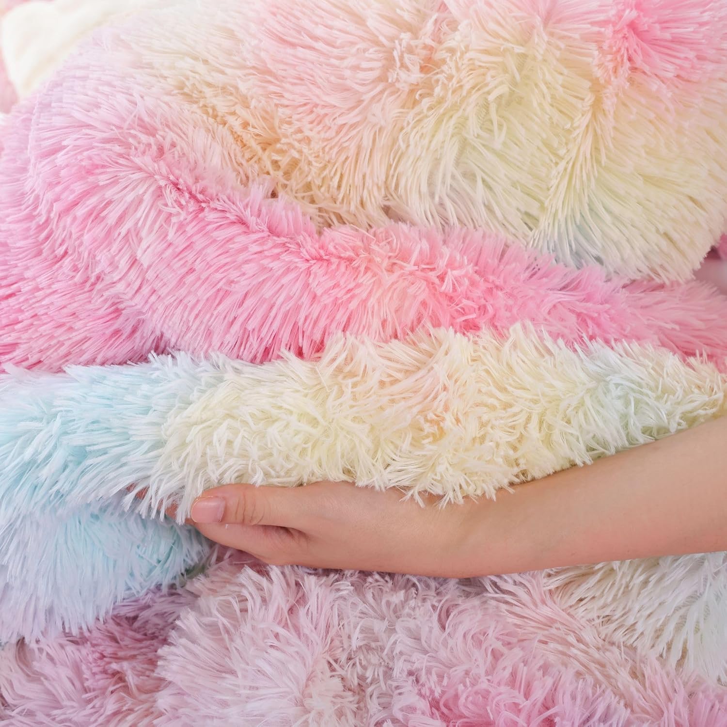 Smoofy Fluffy Twin Comforter Set, Rainbow Faux Fur Comforter Set, Luxury Fuzzy Twin Bedding Set, Soft Shaggy Bed Set for All Season, 2 Pieces - 1 Comforter & 1 Pillowcase, Tie-Dye Pink - Image 3