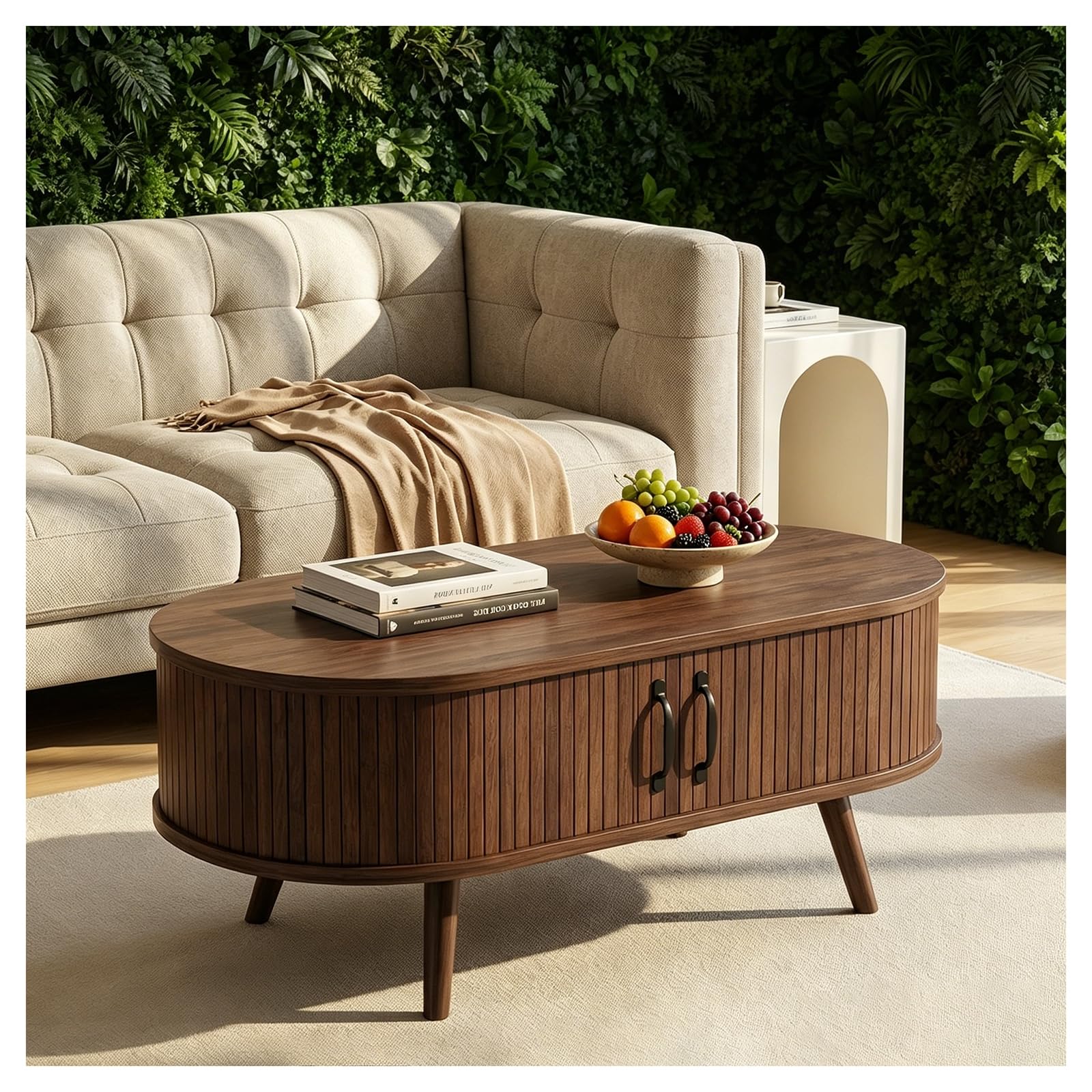 Table basse marron style milieu du siècle avec rangement cannelé pour décoration de salon