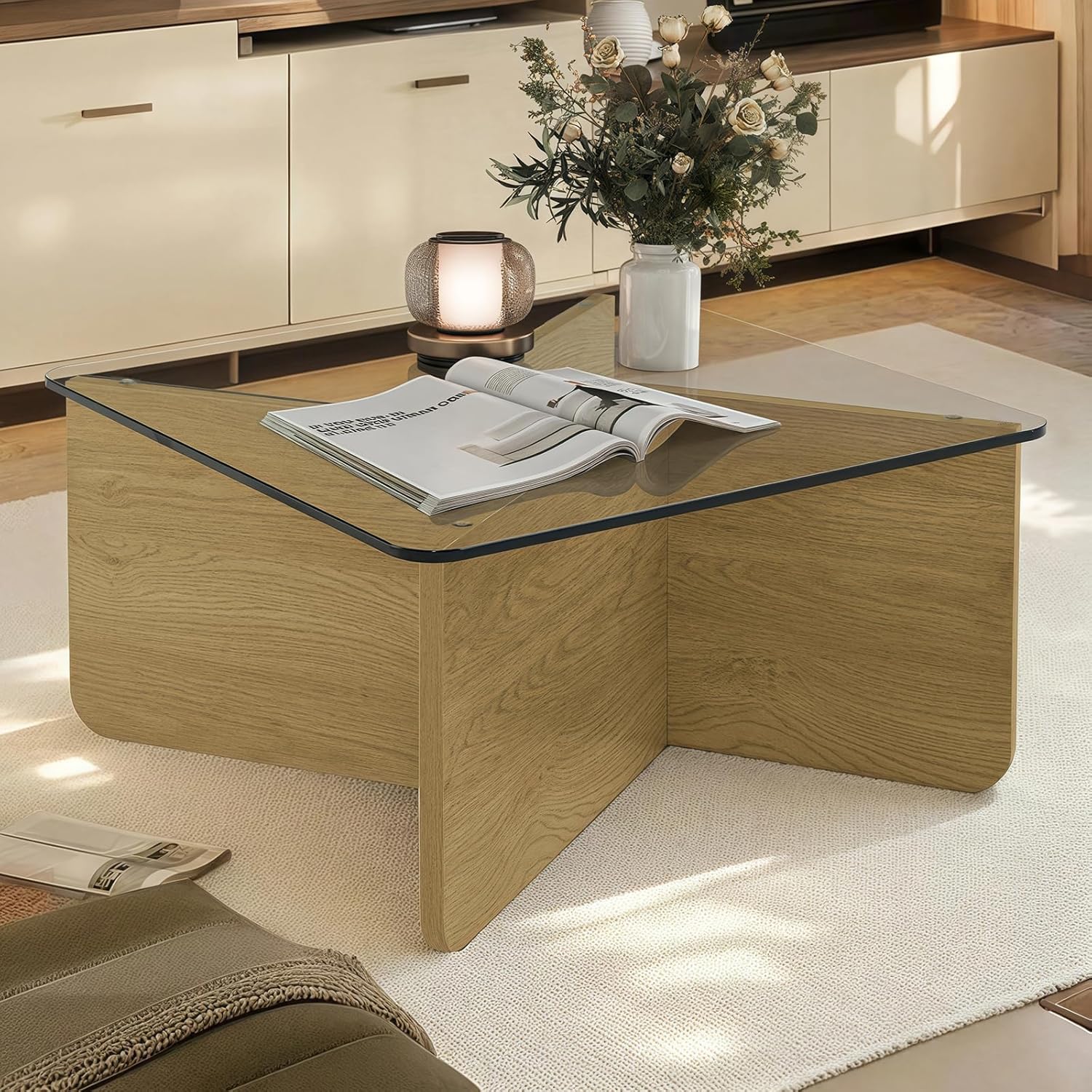 31.5" Square Glass Coffee Table, Mid-Century Modern Coffee Table with Tempered Glass Top and MDF Frame, Center Table for Small Spaces, Living Room, Office, Apartment, Wood