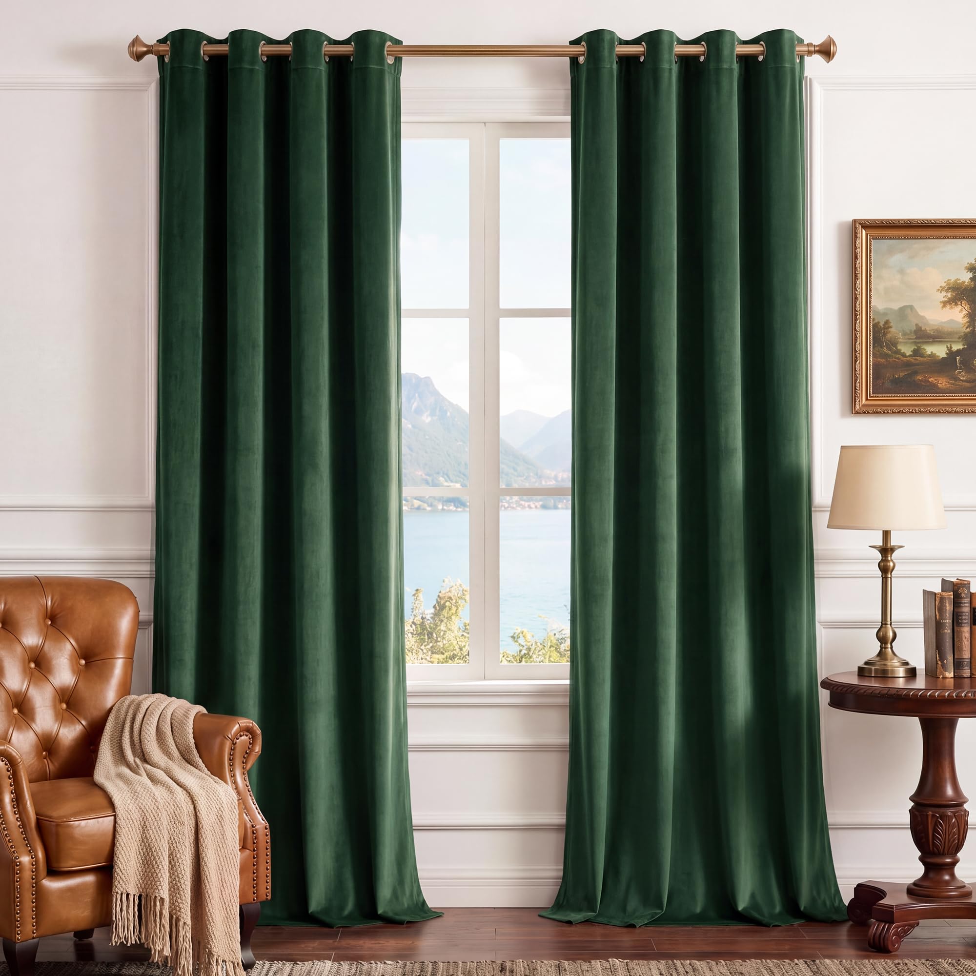 StangH Dark Green Velvet Curtains 120 Inches Long Grommet Blackout Curtains Thermal Insulated Drapes for Sliding Door French Door 52" x 47" 2 Panels — image 1